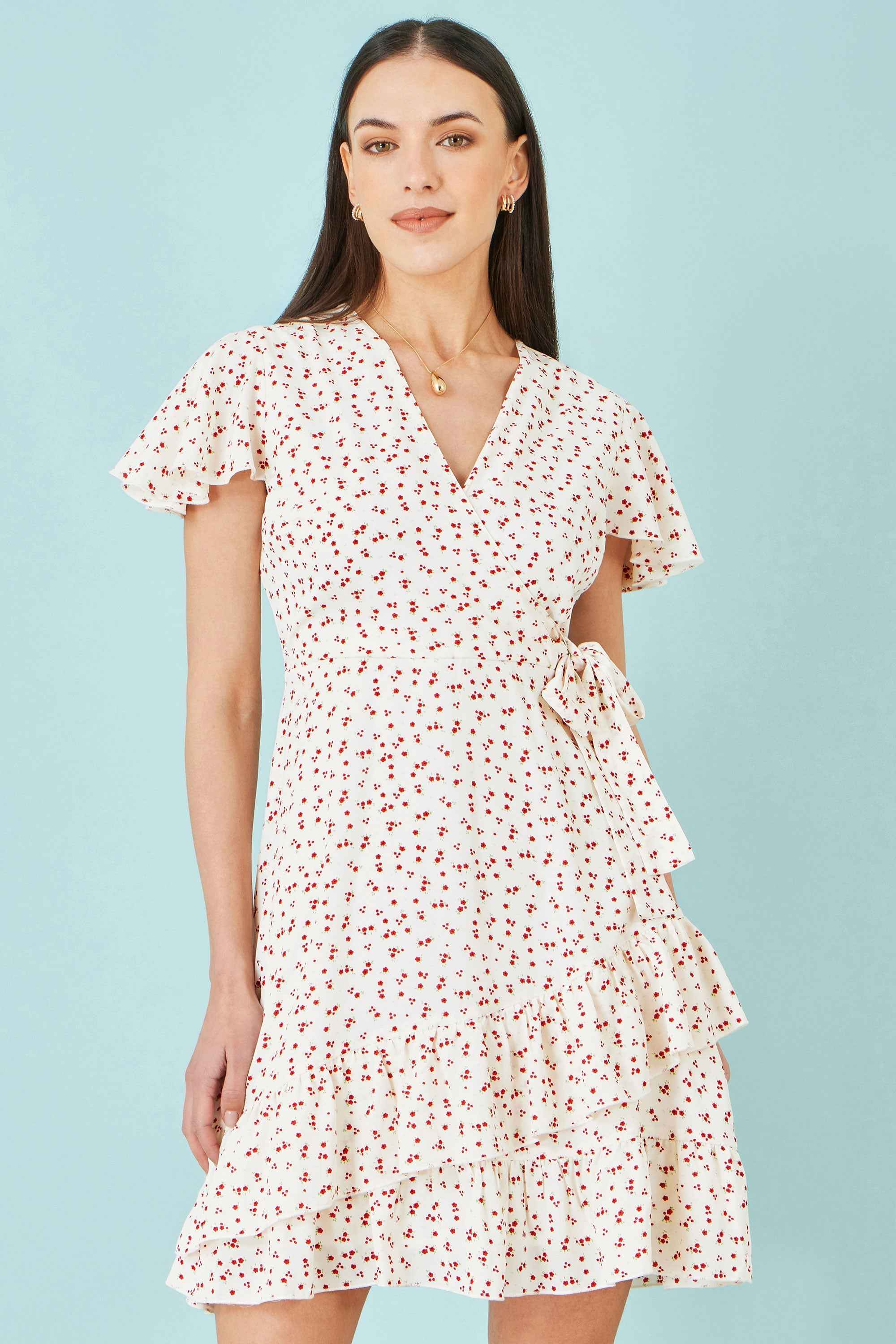 Yumi White Ditsy Print Frill Wrap Dress