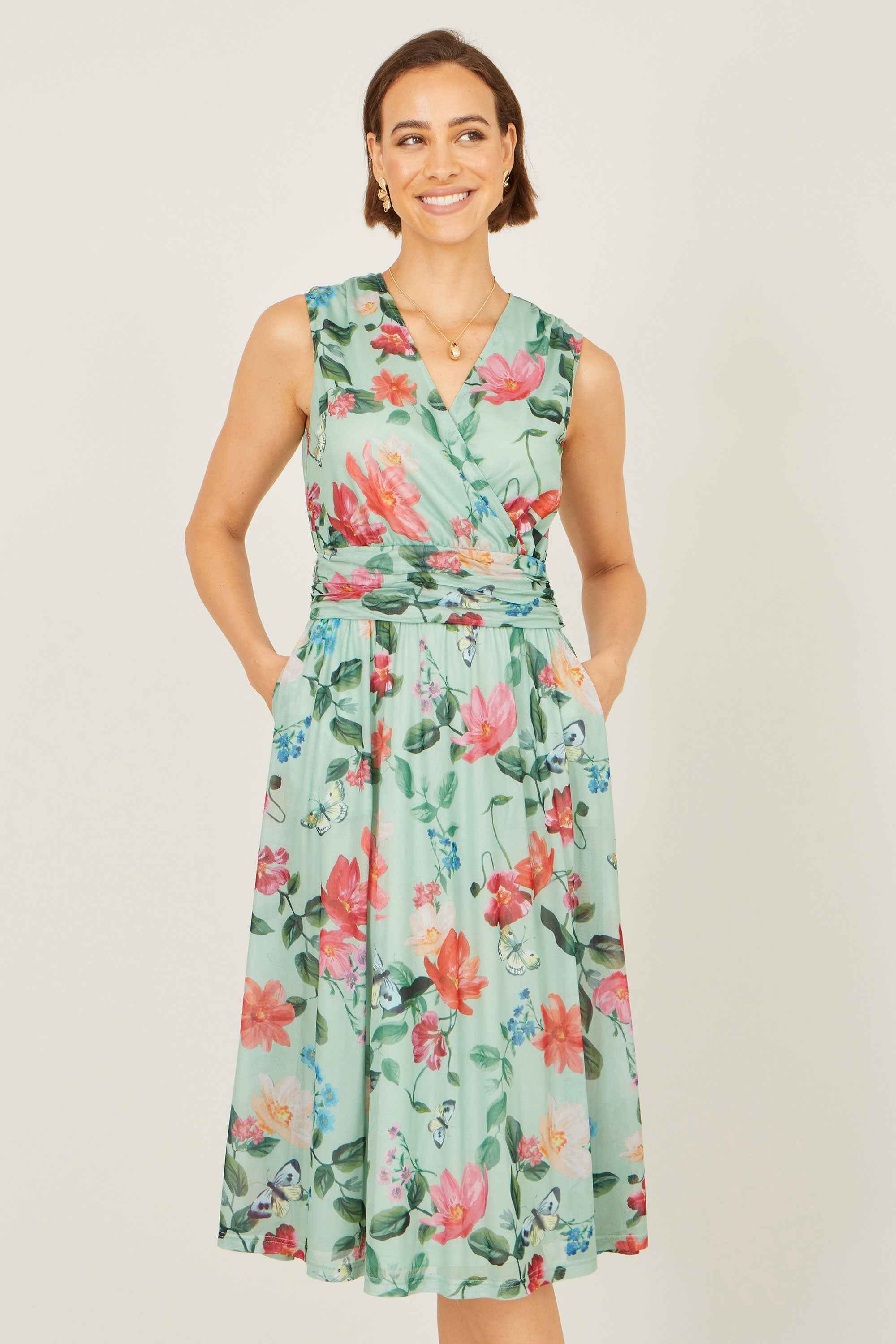 Yumi Mint Blurred Floral Mesh Wrap Midi Dress