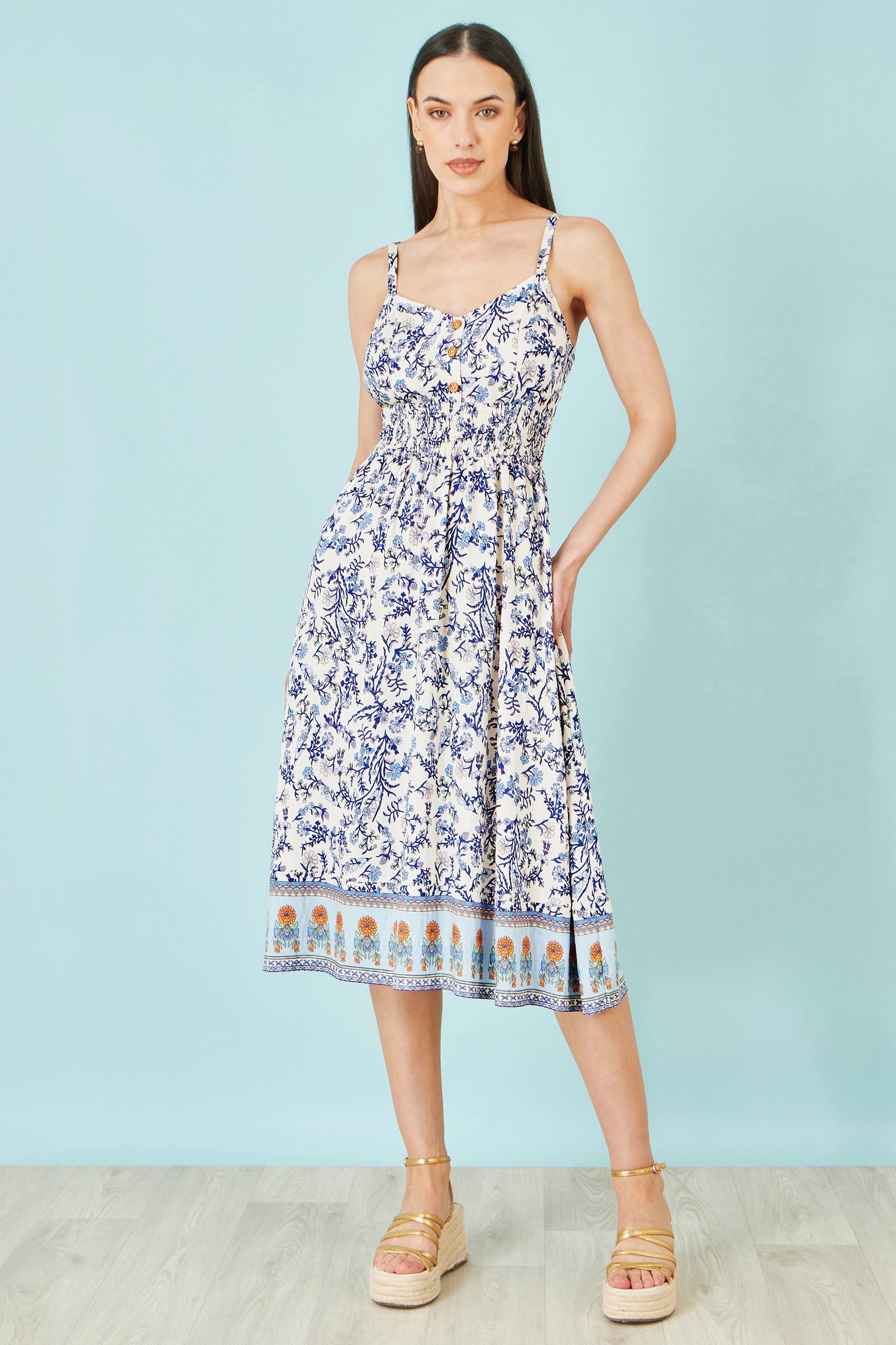 Yumi White Floral Border Print Viscose Midi Sun Dress