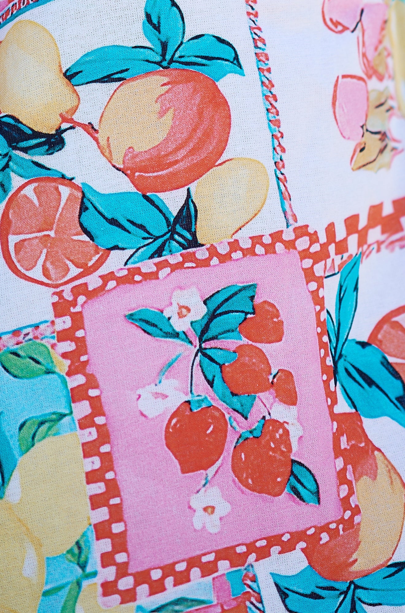 Yumi Multicolour Fruit Print Midi Sun Dress Ruched Back