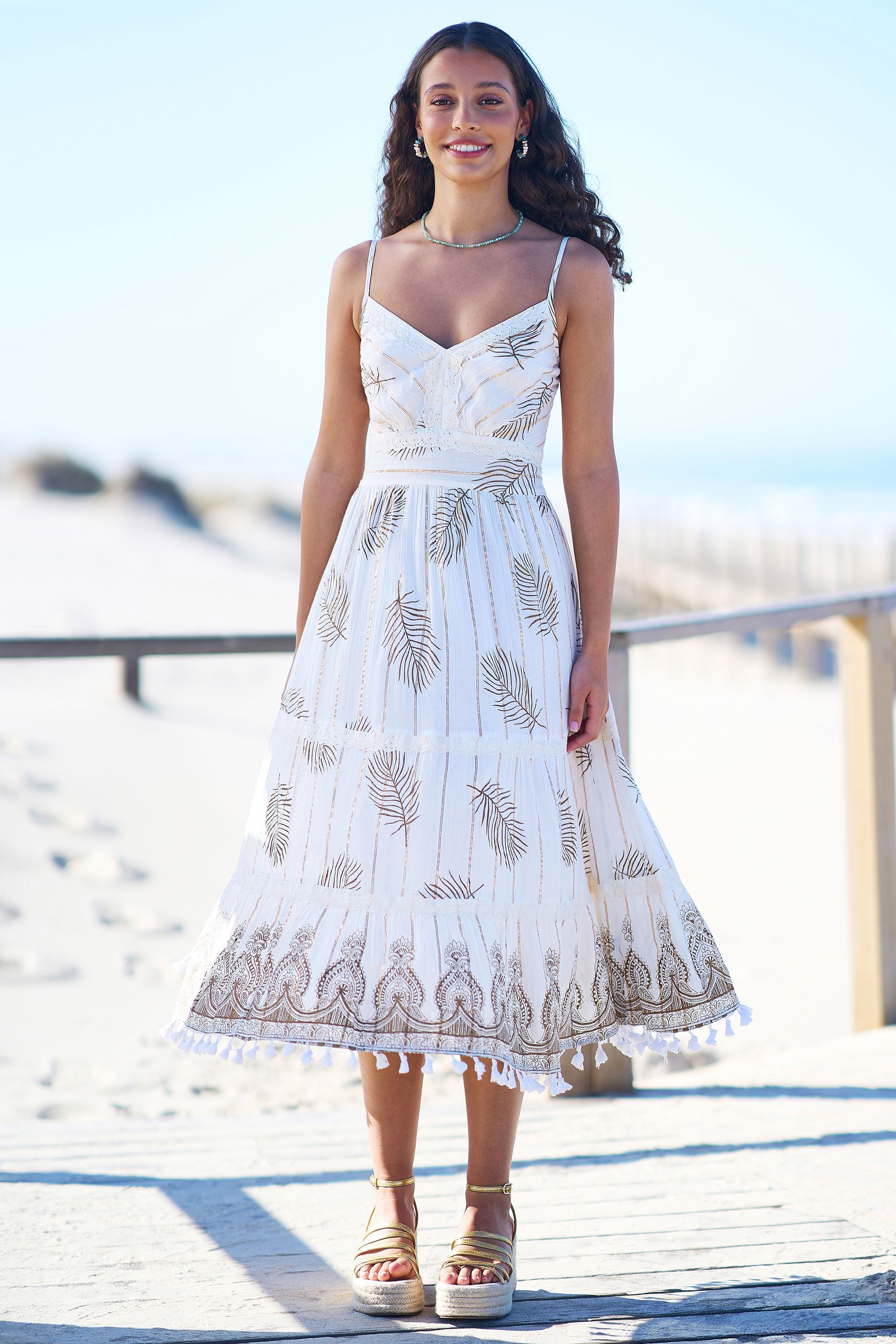 Yumi Ivory Foil Print Midi Sun Dress With Lace Trims