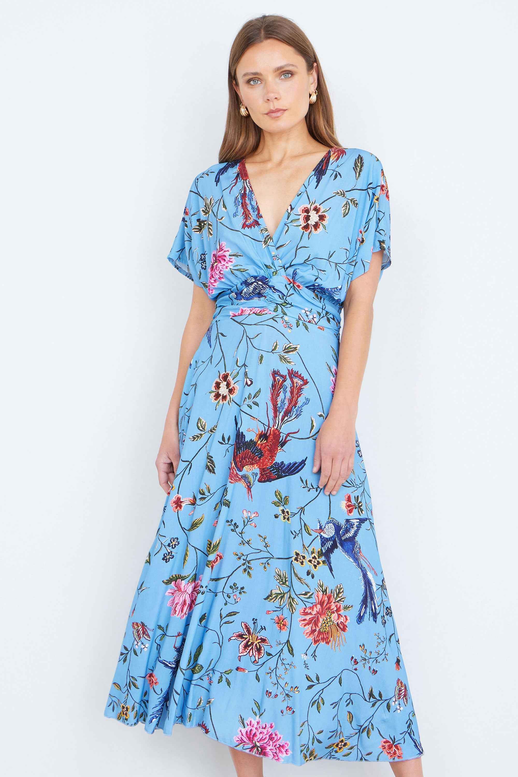 Yumi Blue Viscose Bird And Floral Print Midi Dress With Ruched Waist