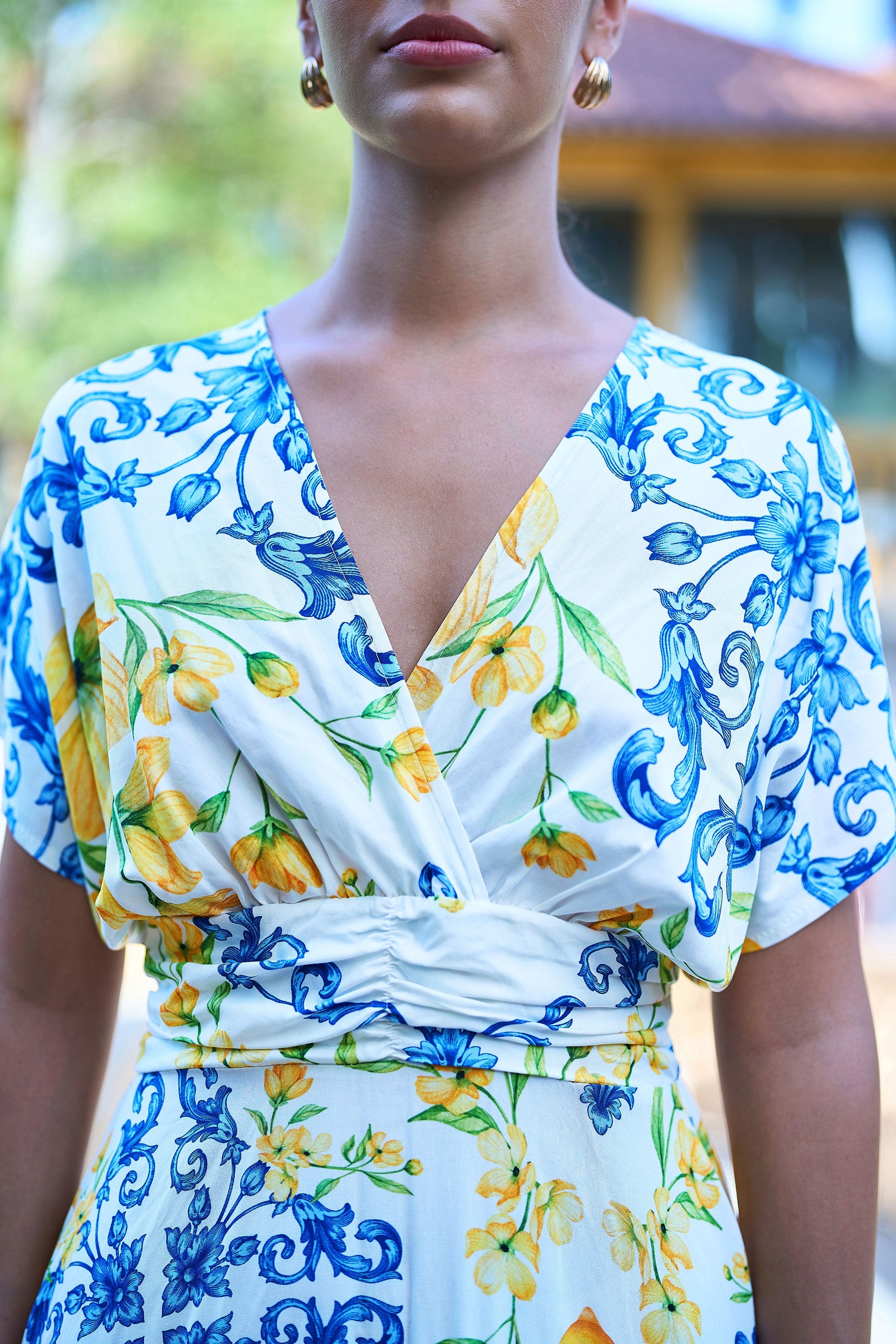 Yumi White Lemon Print Viscose Ruched Waist Midi Dress