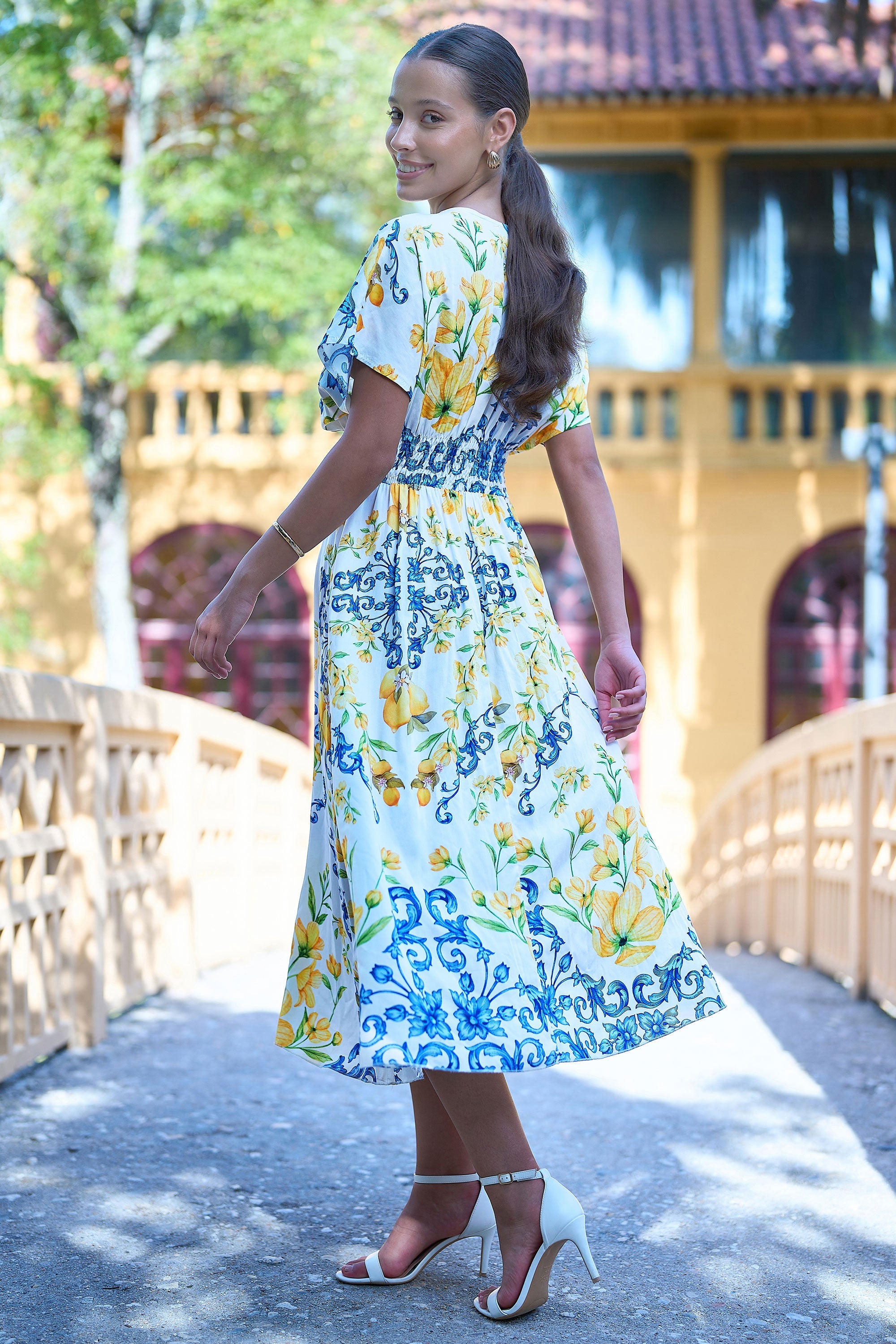 Yumi White Lemon Print Viscose Ruched Waist Midi Dress