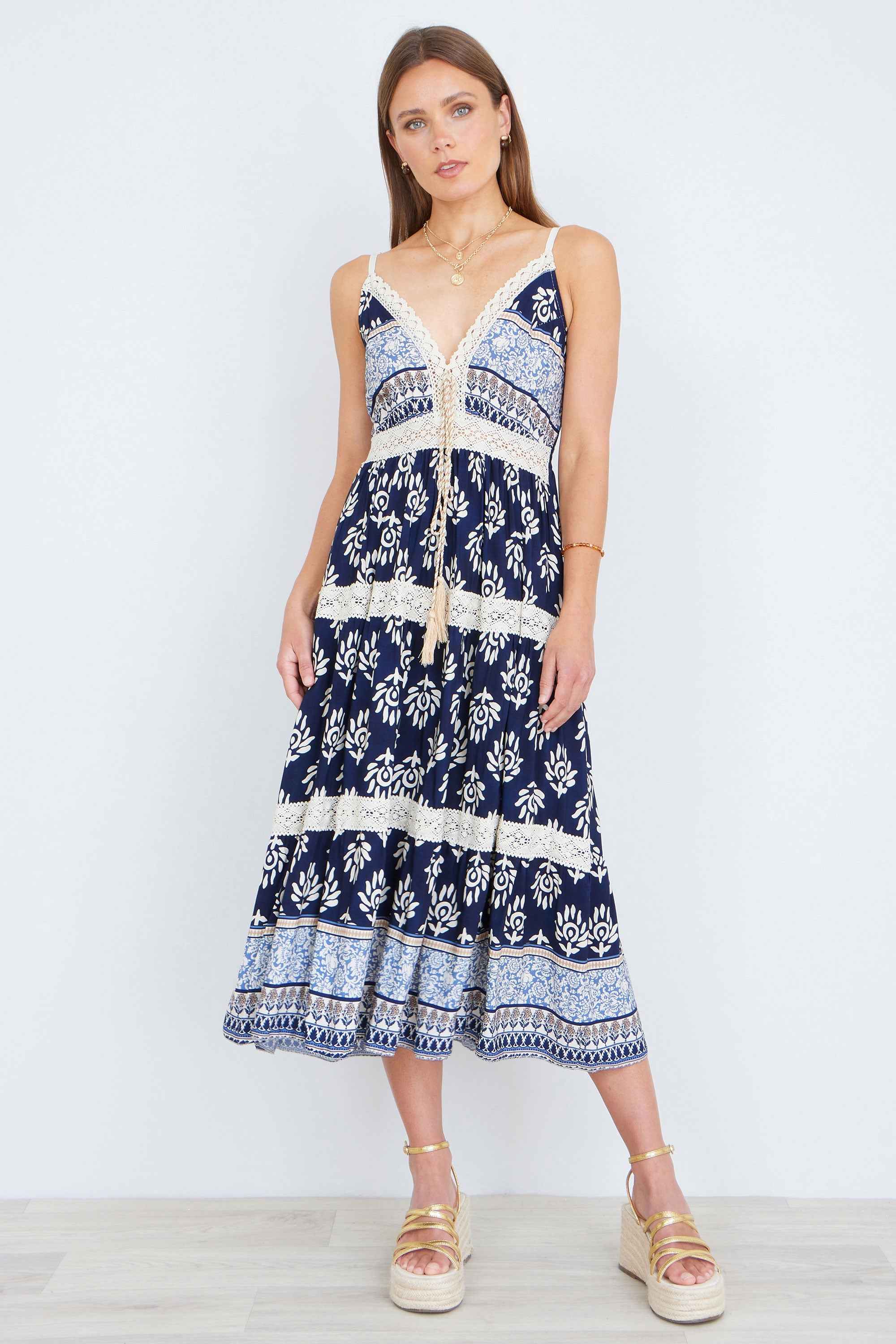 Yumi Navy Viscose Paisley Print Midi Sun Dress
