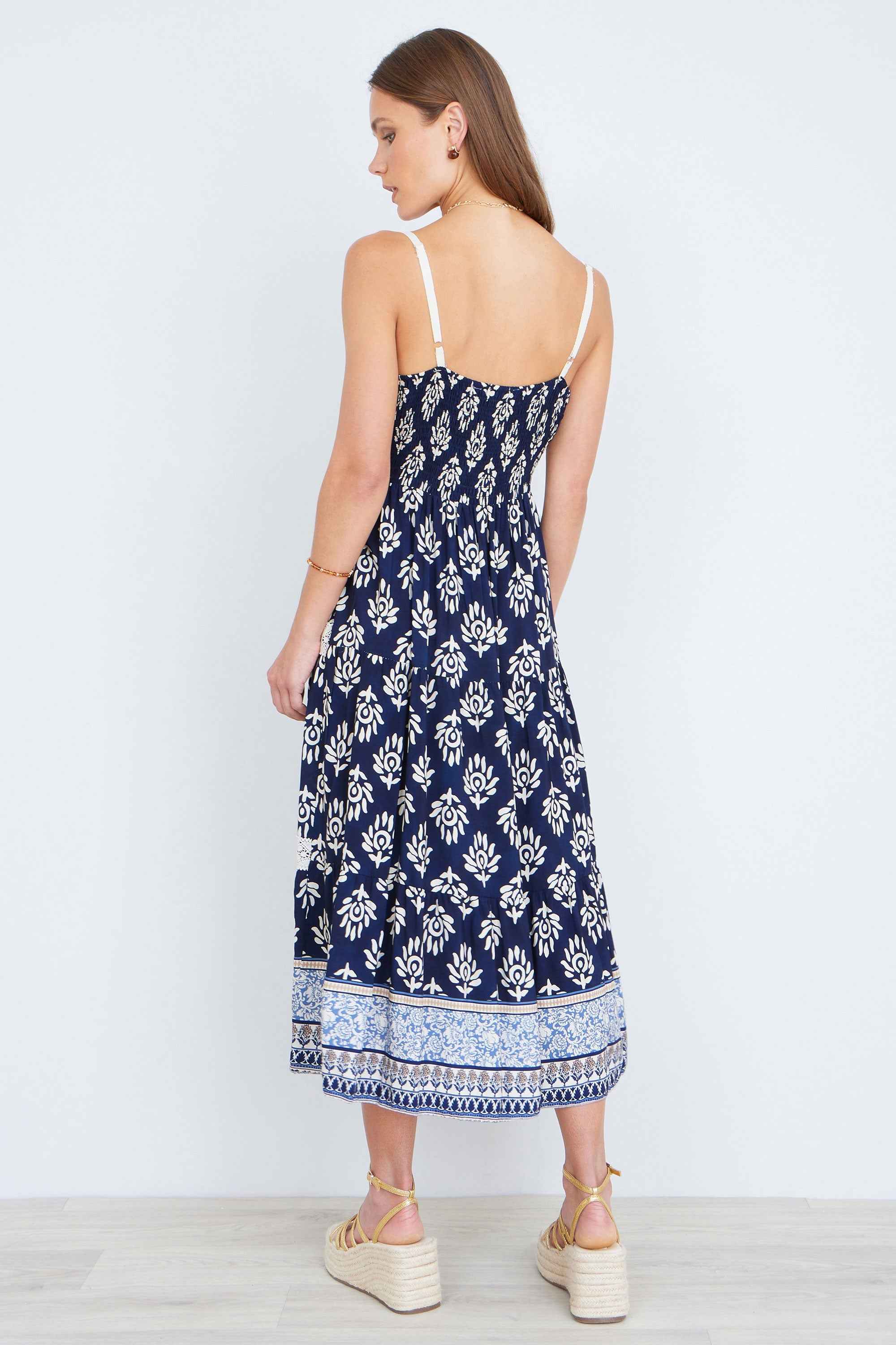 Yumi Navy Viscose Paisley Print Midi Sun Dress