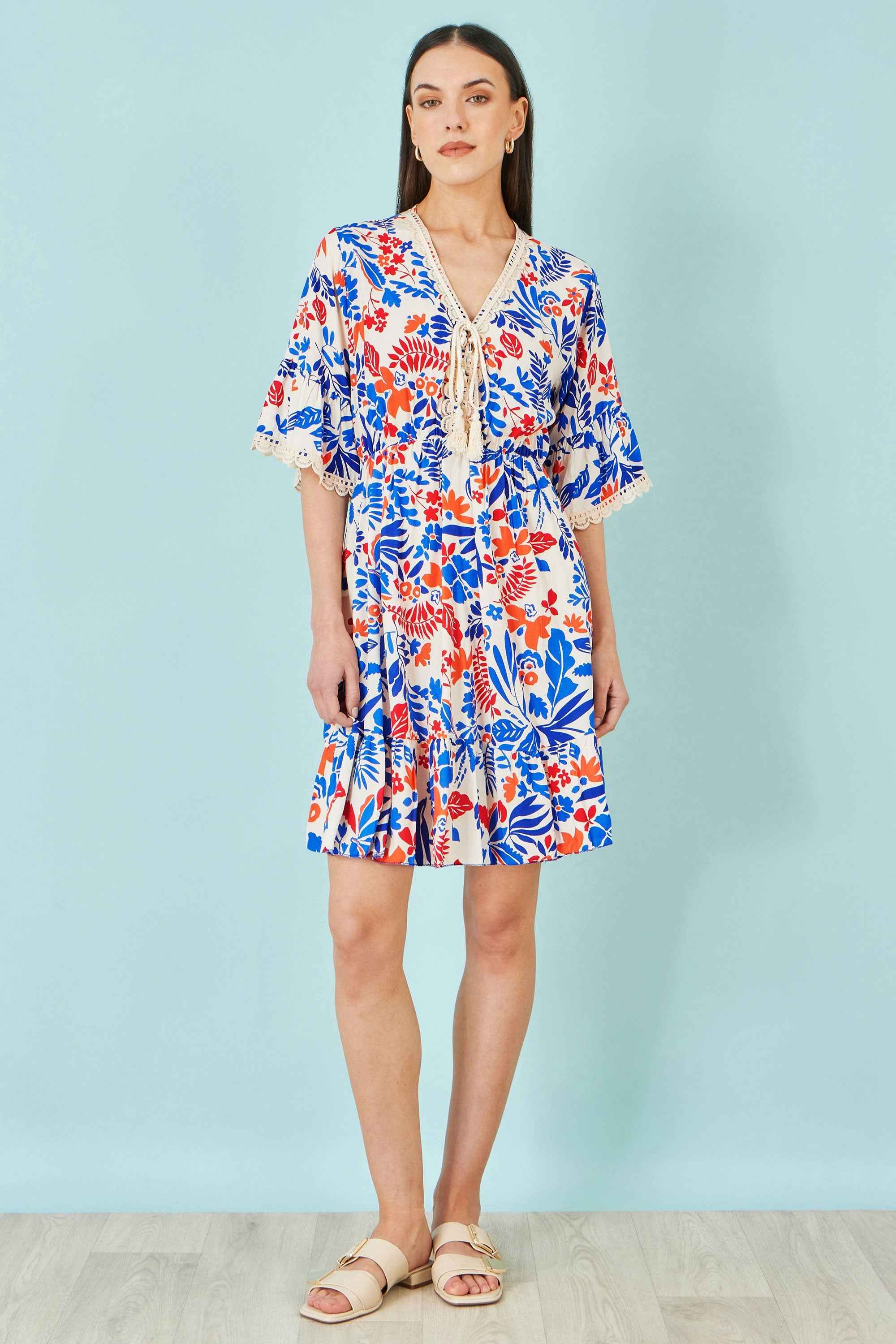 Yumi Multicolour Leaf Print Viscose Kimono Sleeve Tunic