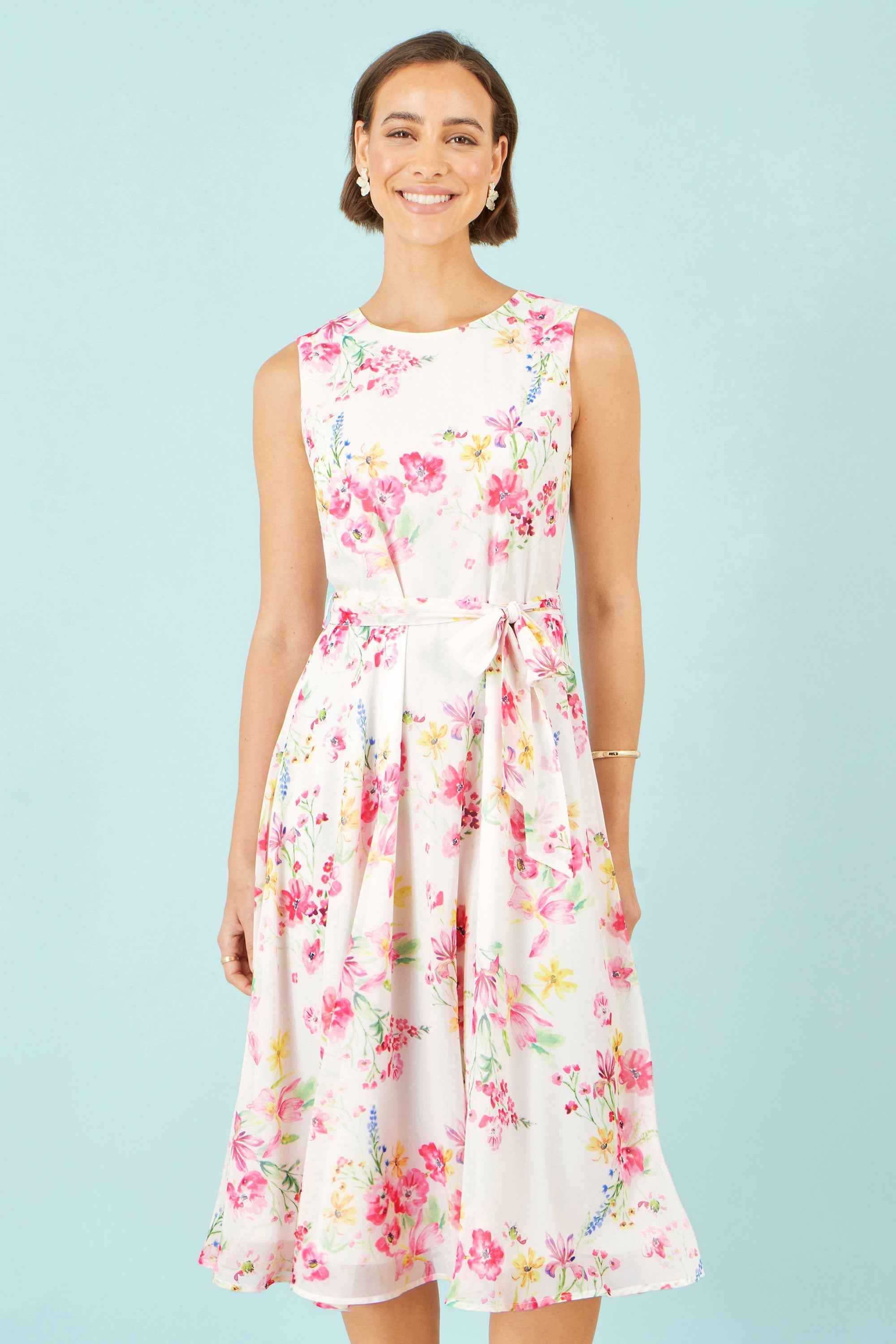 Yumi White Delicate Floral Midi Skater Dress