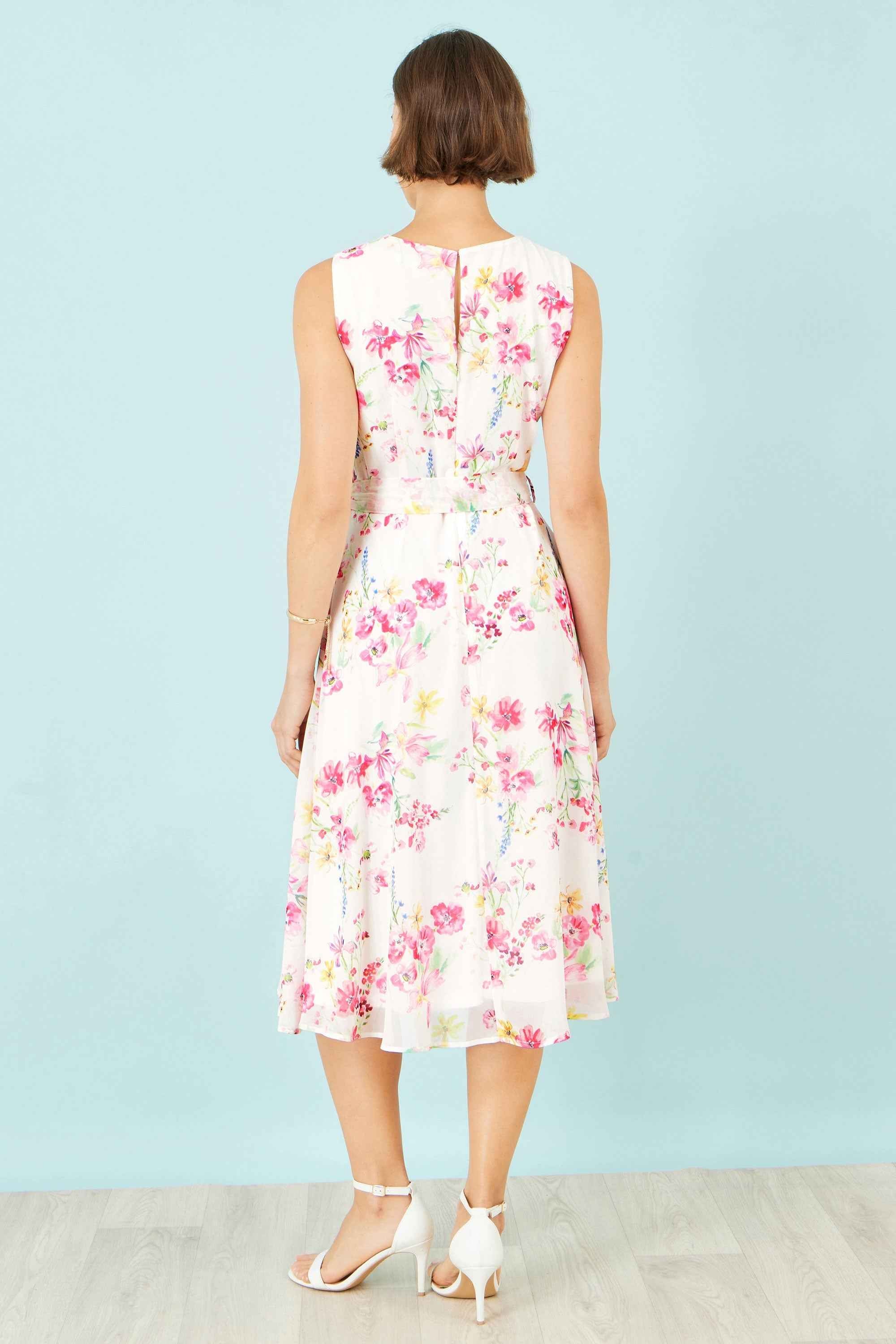 Yumi White Delicate Floral Midi Skater Dress