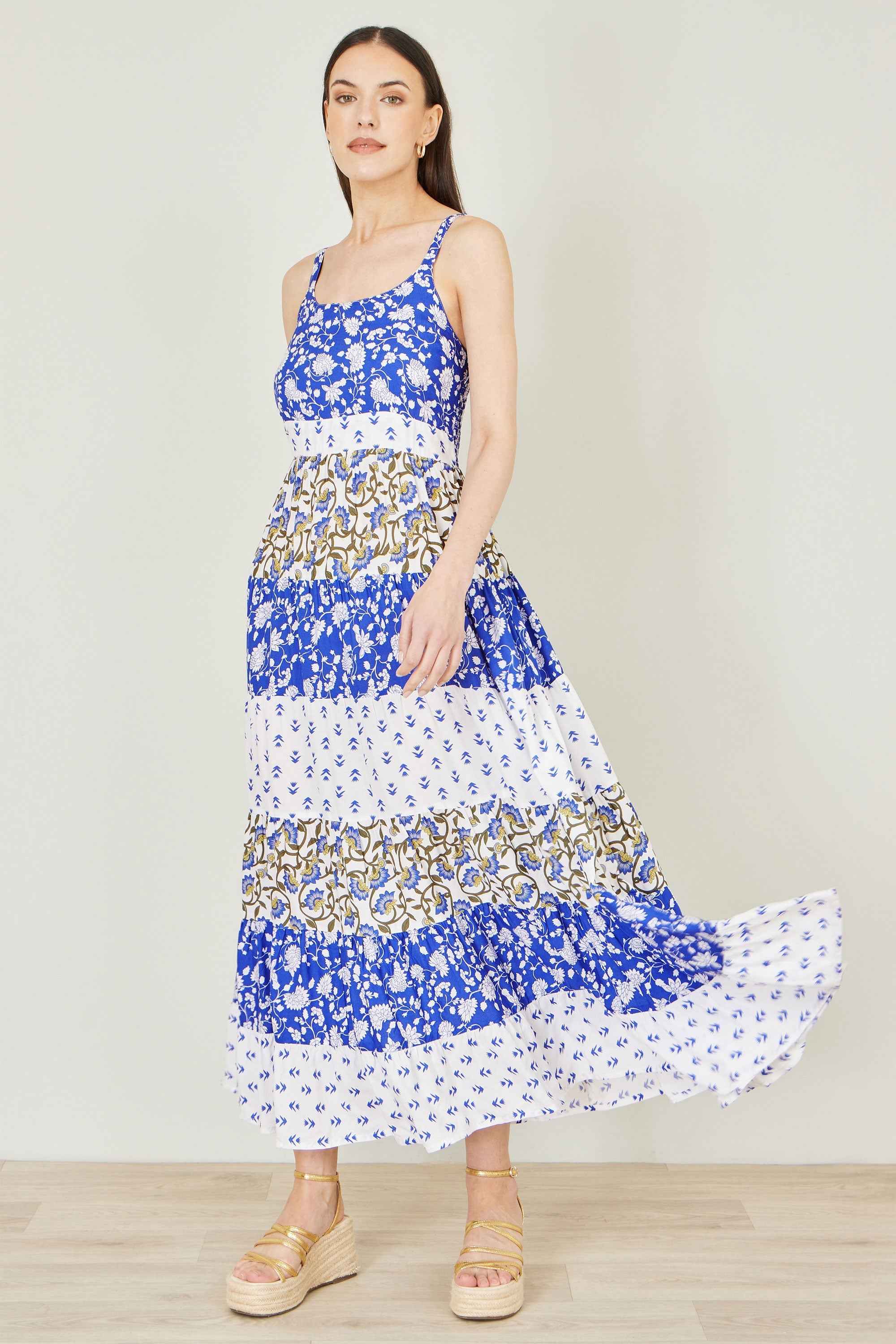 Yumi White And Blue Rayon Patchwork Print Tiered Maxi Dress