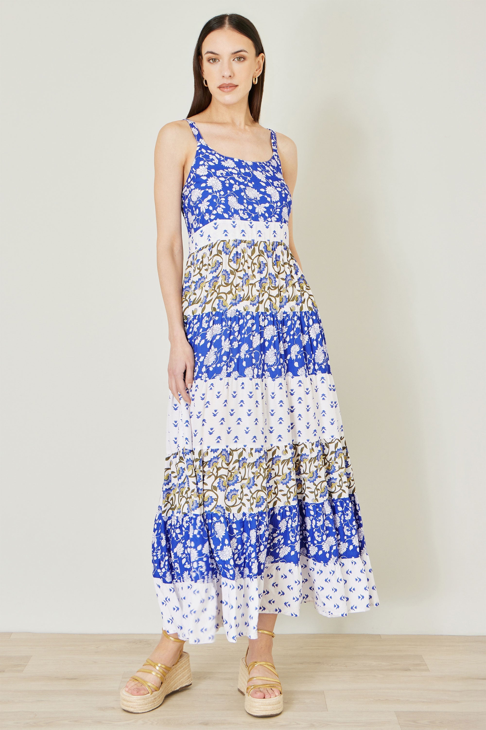 Yumi White And Blue Rayon Patchwork Print Tiered Maxi Dress