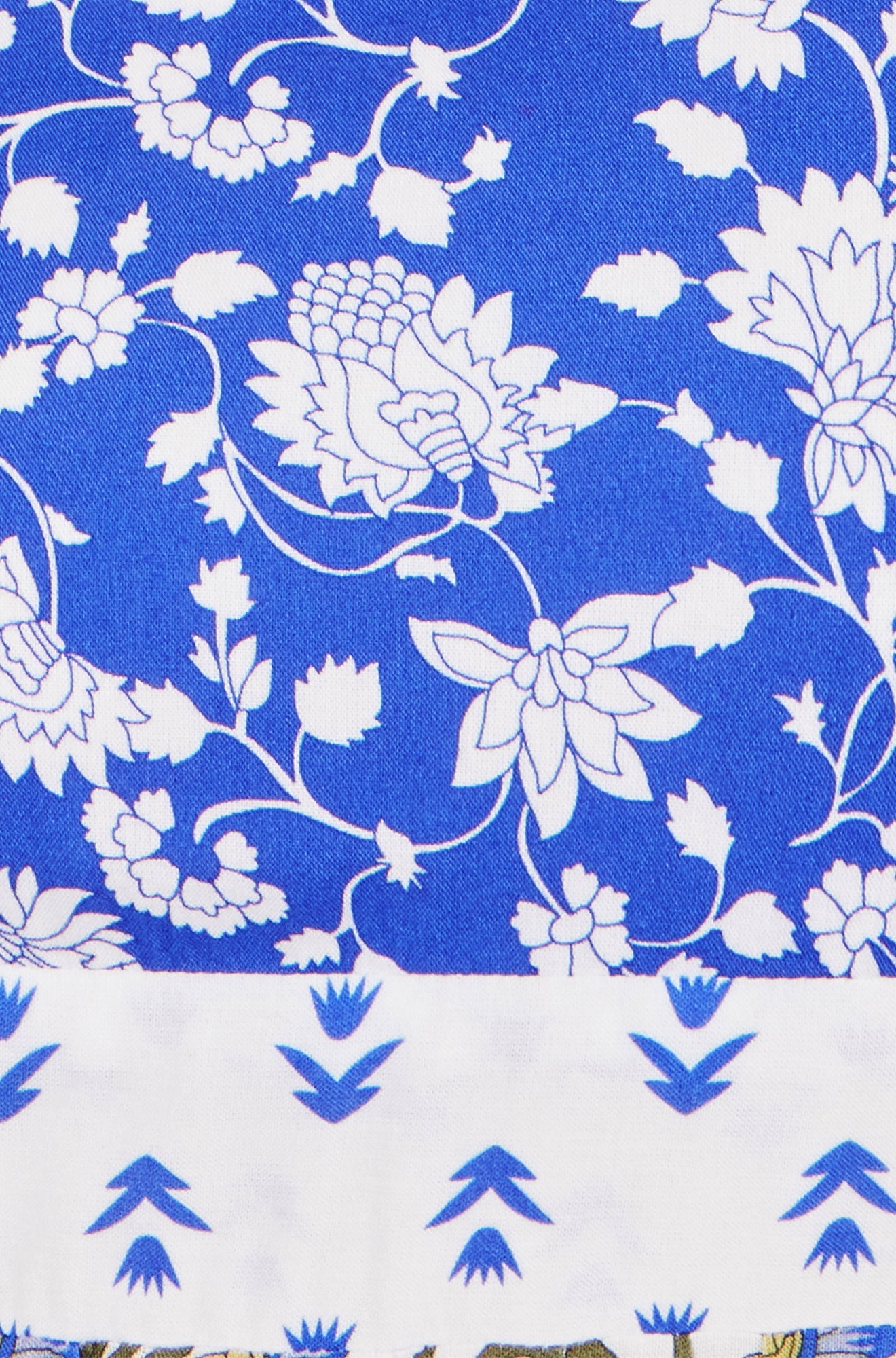 Yumi White And Blue Rayon Patchwork Print Tiered Maxi Dress