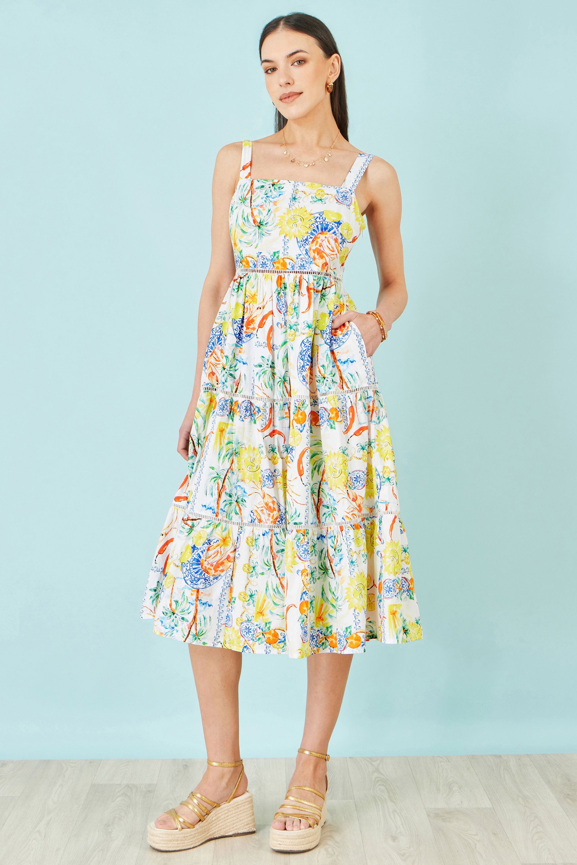 Yumi White Mediterranean Print Cotton Midi Sun Dress