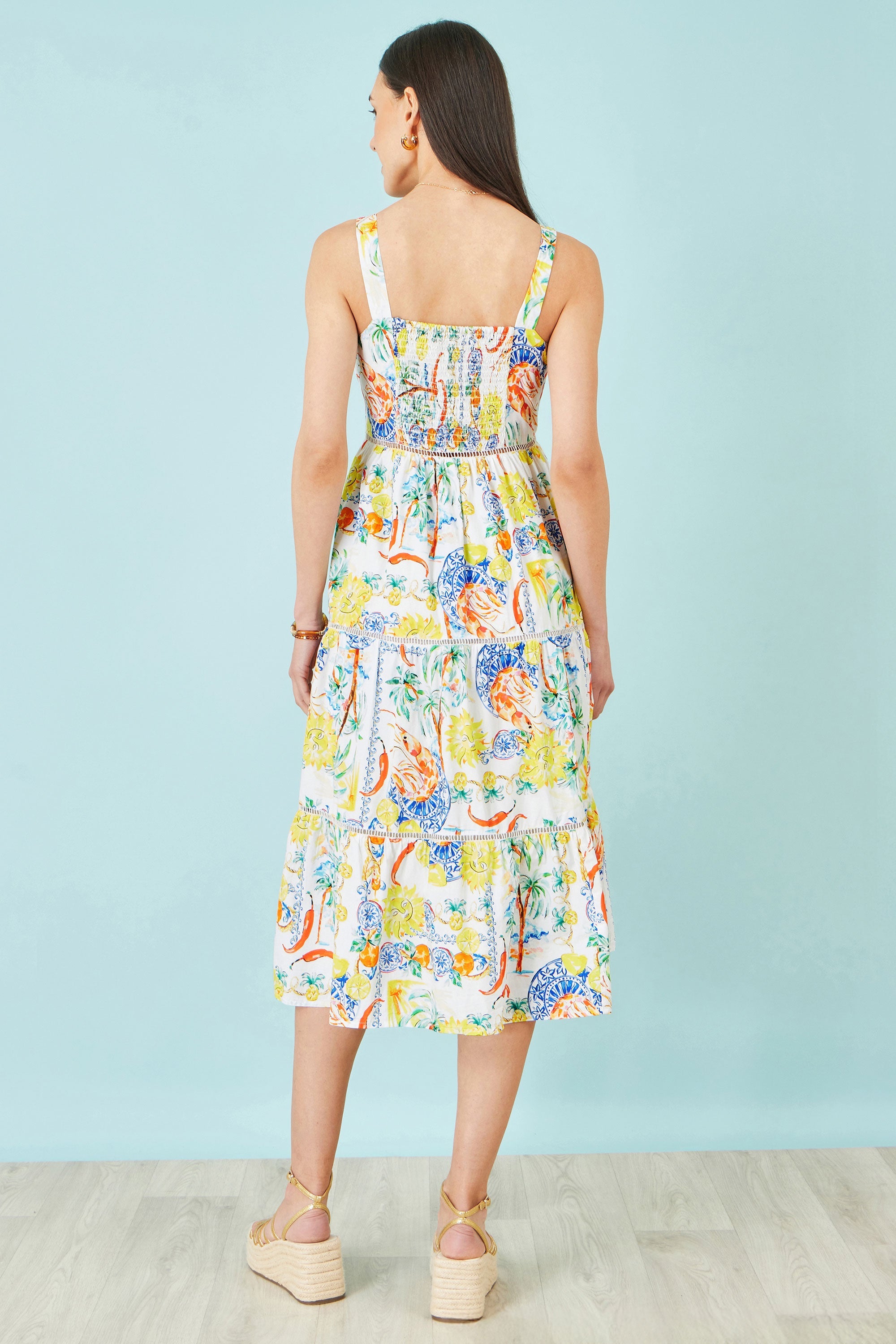 Yumi White Mediterranean Print Cotton Midi Sun Dress