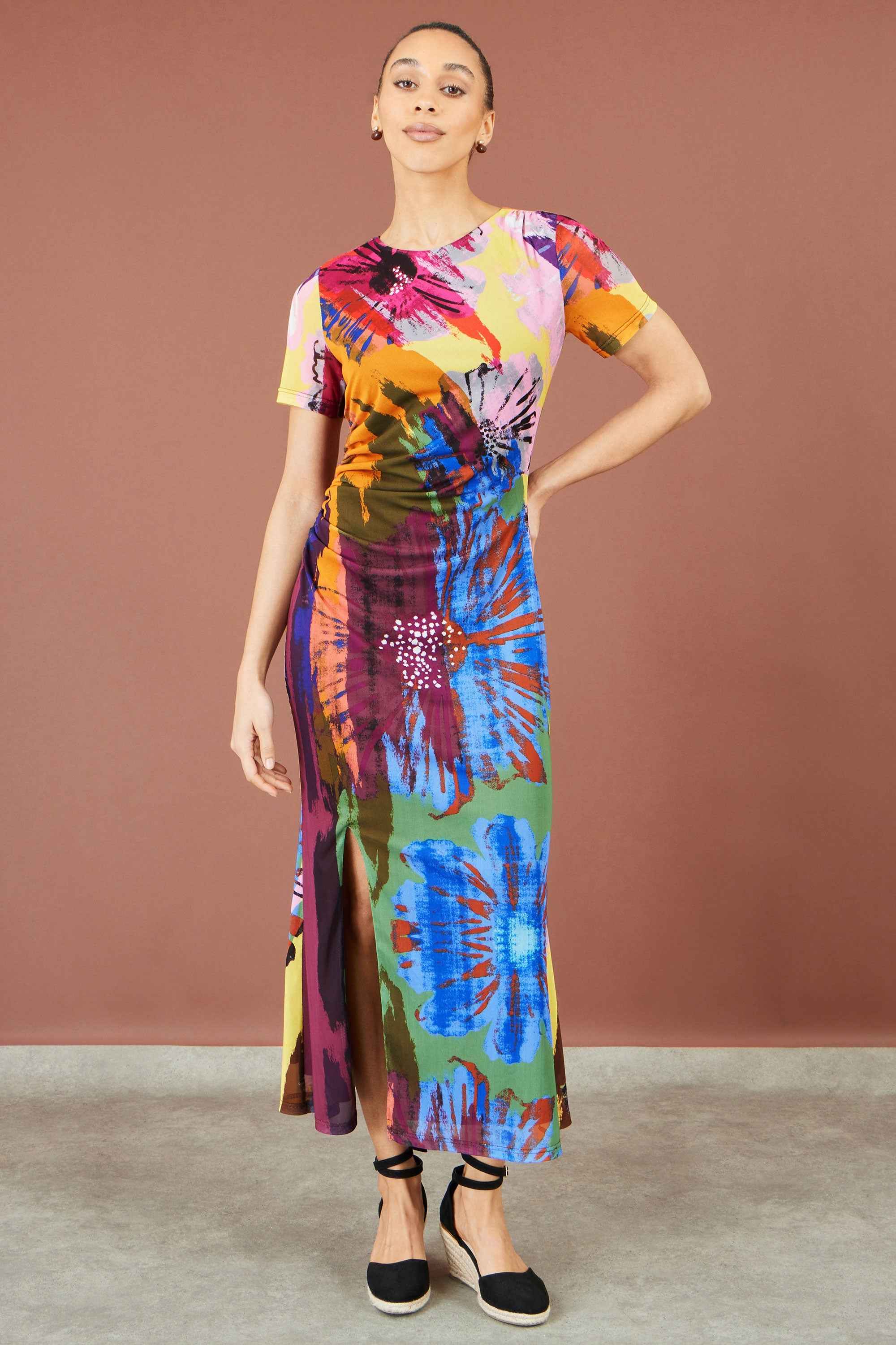 Yumi Multicolour Abstract Floral Mesh Midi Dress