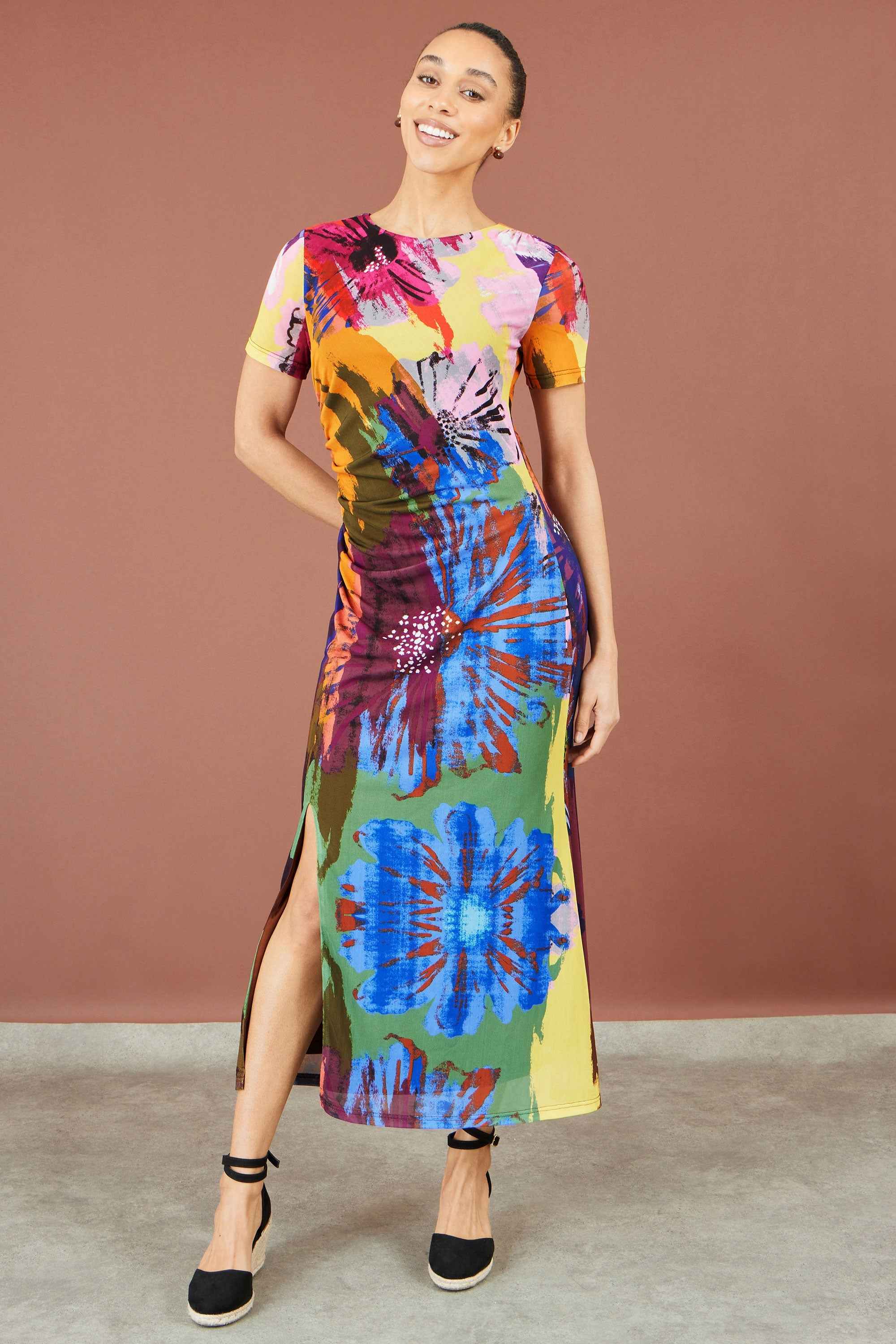 Yumi Multicolour Abstract Floral Mesh Midi Dress