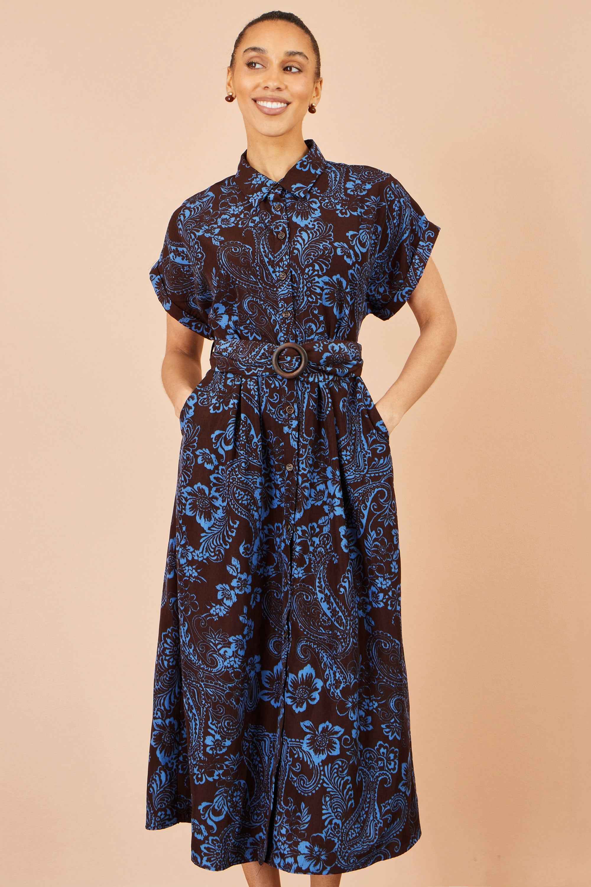 Yumi Brown Paisley Midi Shirt Dress