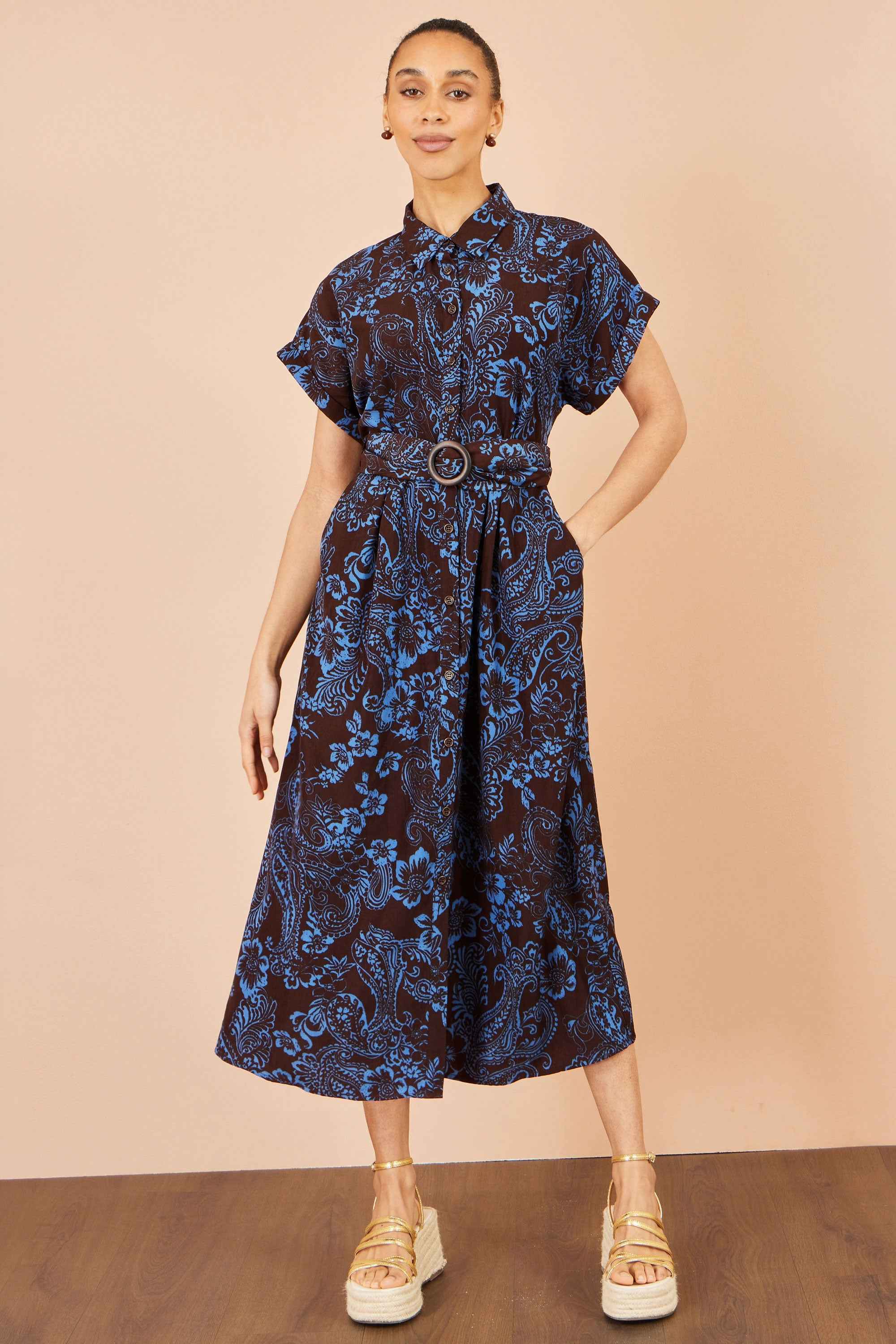 Yumi Brown Paisley Midi Shirt Dress