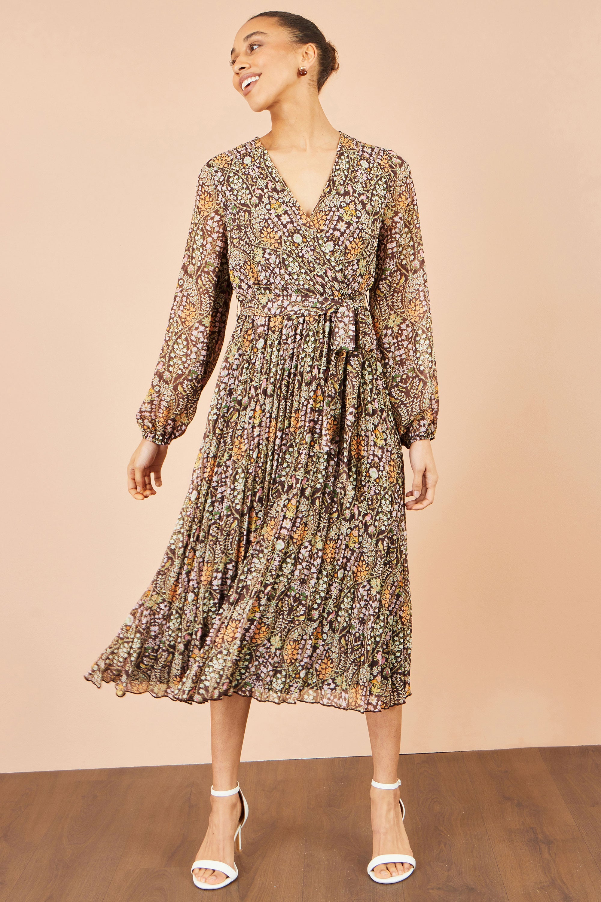 Yumi Brown Ditsy Floral Pleated Midi Dress