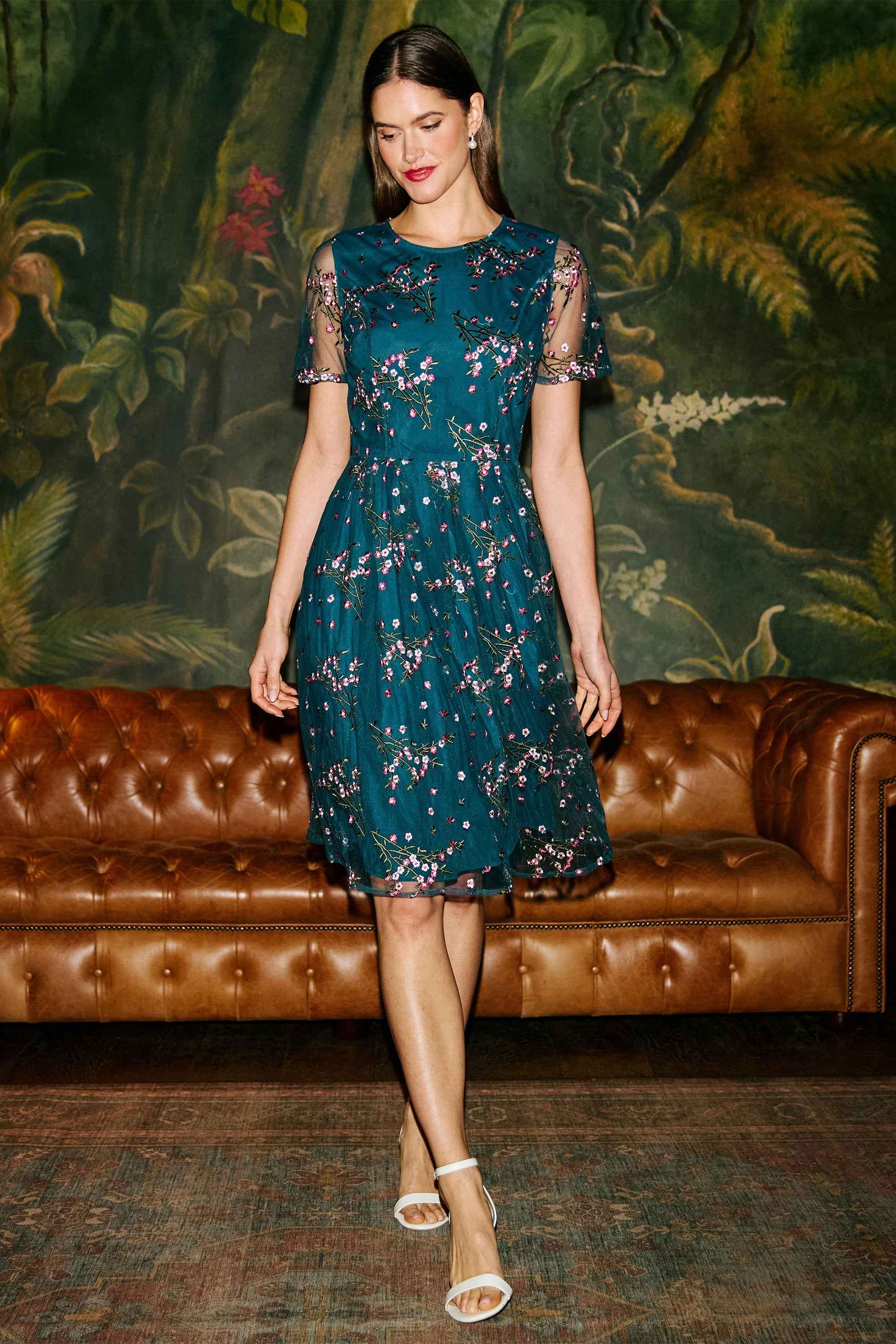 Yumi Teal Embroidered Floral Mesh Prom Dress