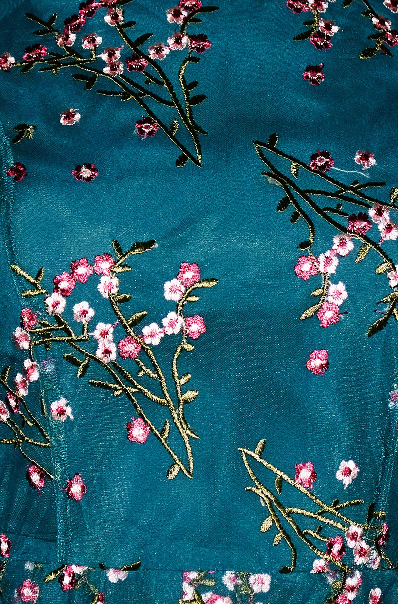 Yumi Teal Embroidered Floral Mesh Prom Dress