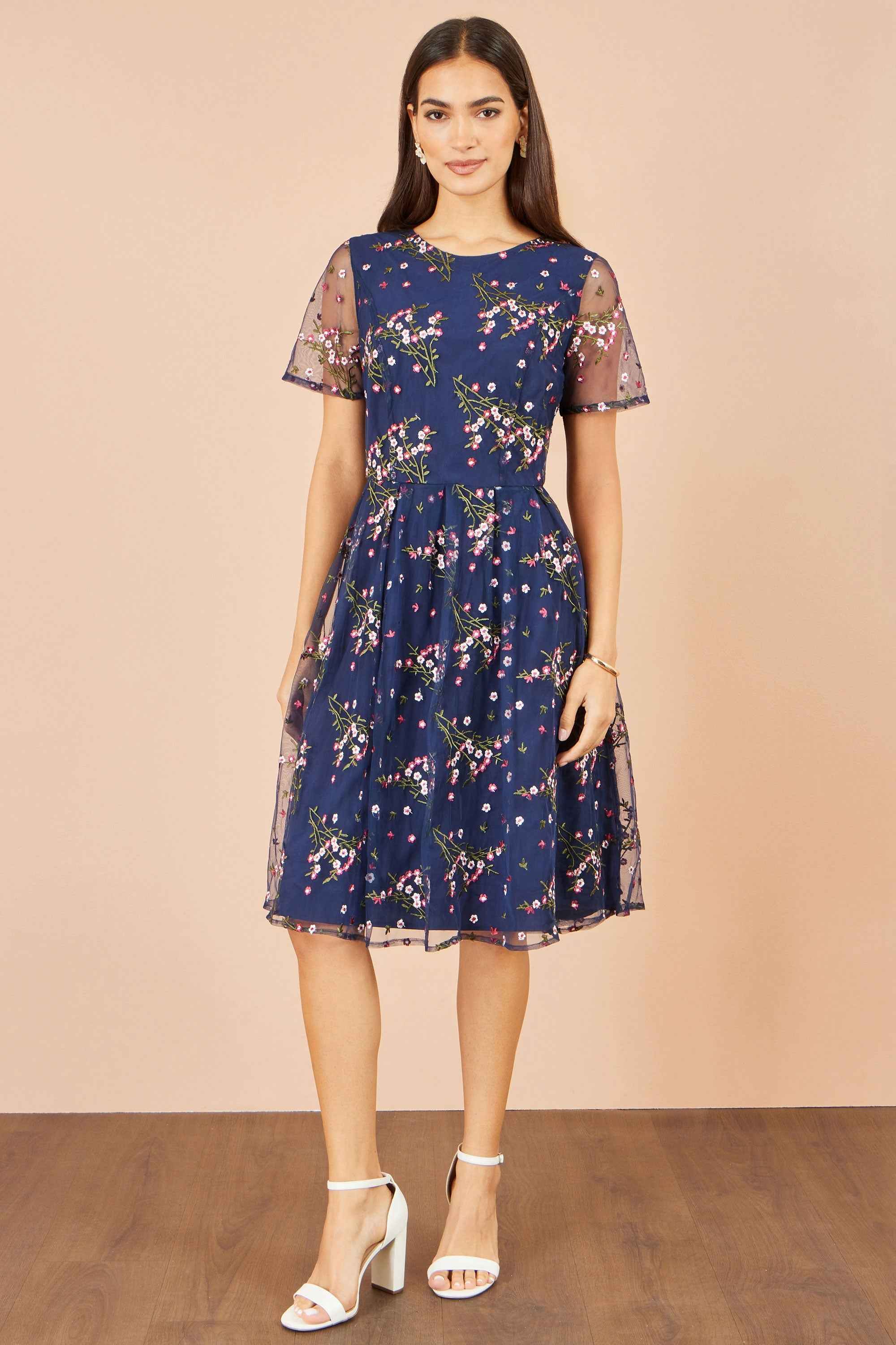 Yumi Navy Embroidered Floral Mesh Prom Dress