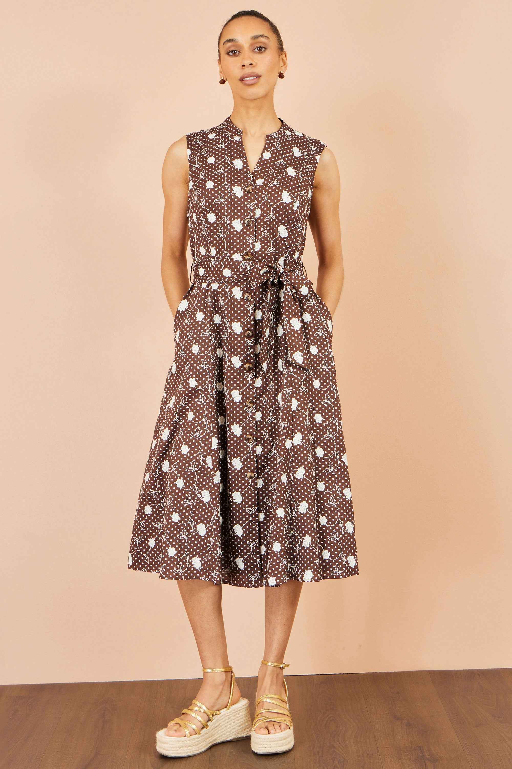 Yumi Brown Cotton Embroidery Shirt Dress