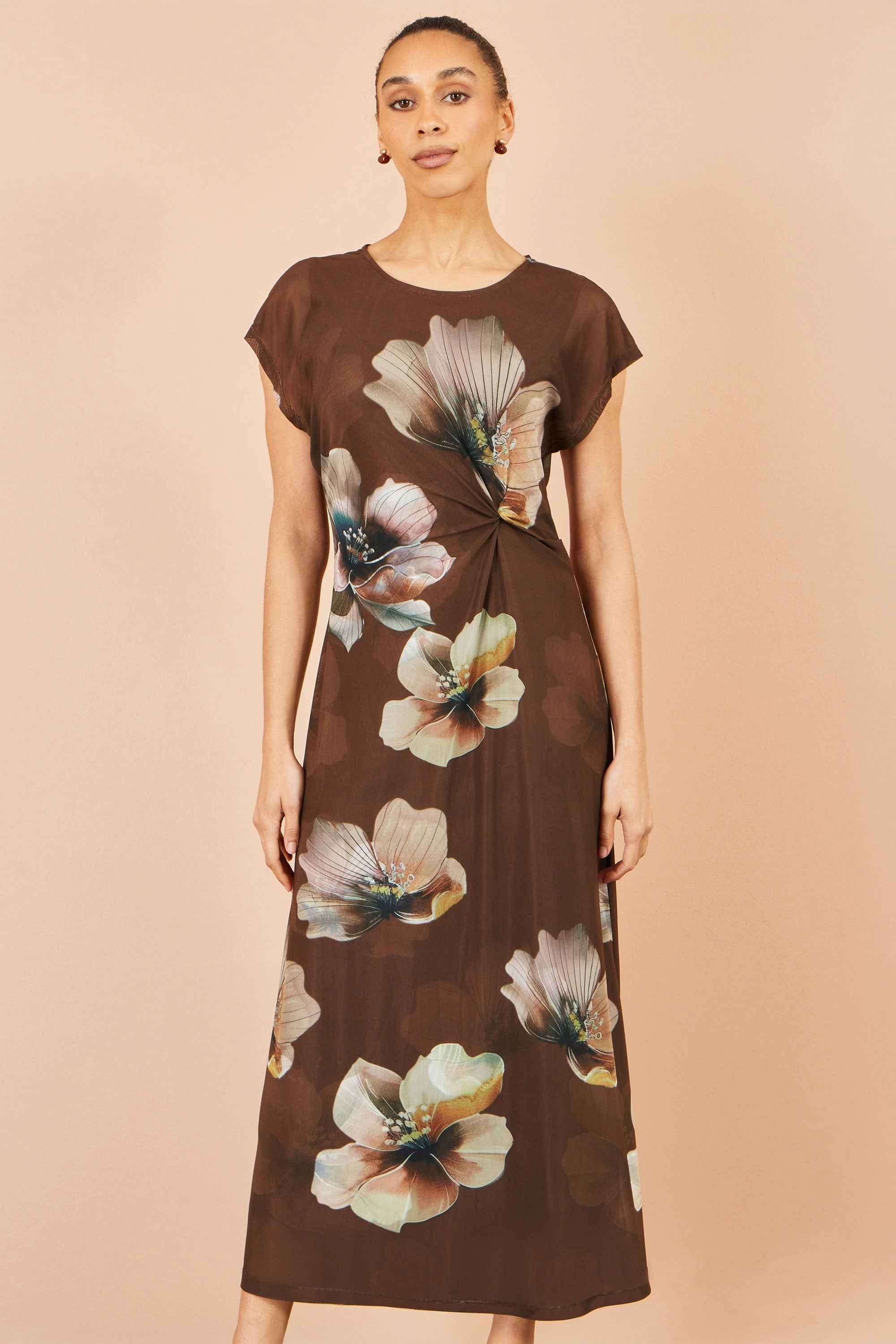 Yumi Brown Mesh Floral Midi Dress