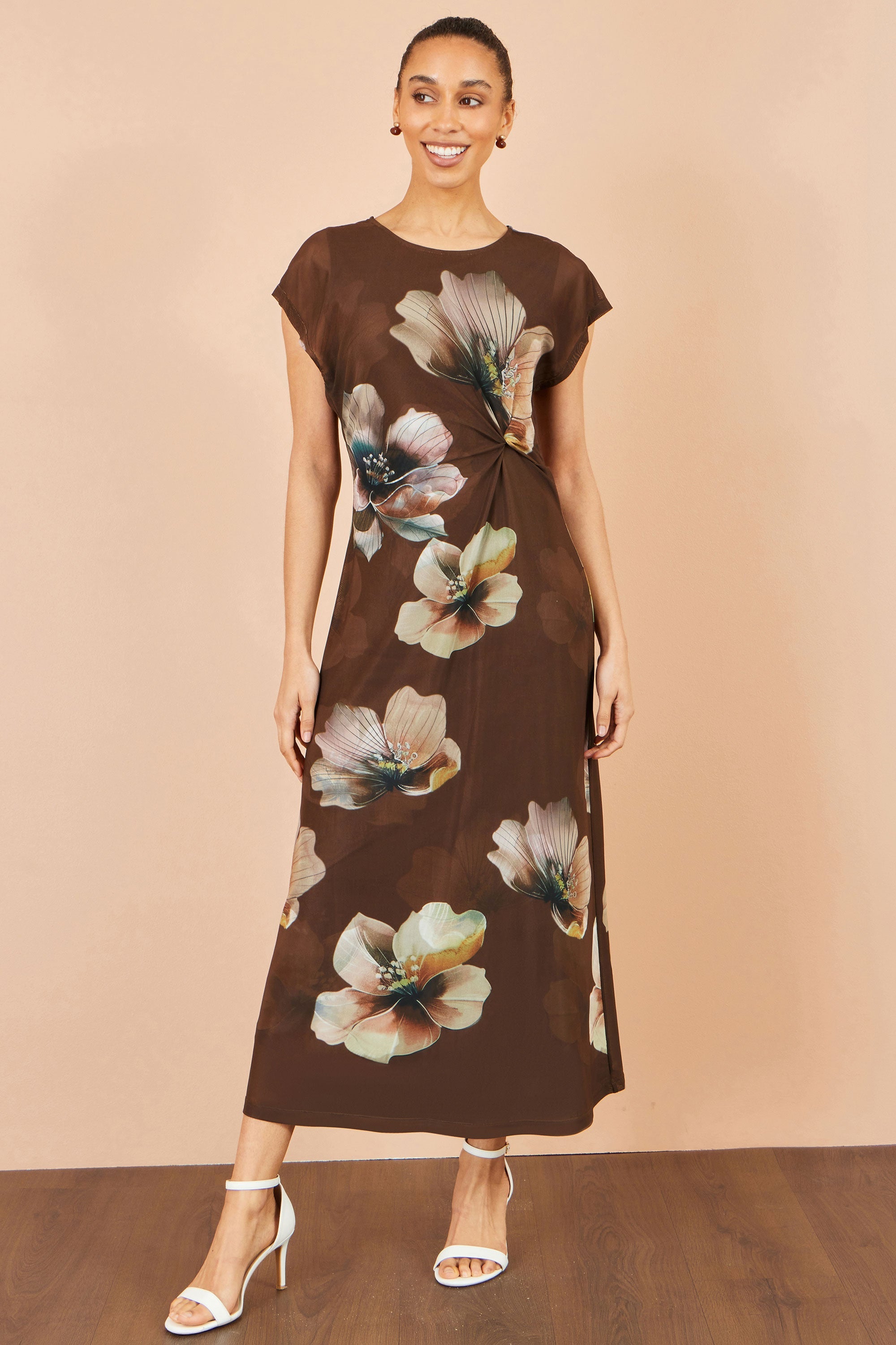 Yumi Brown Mesh Floral Midi Dress