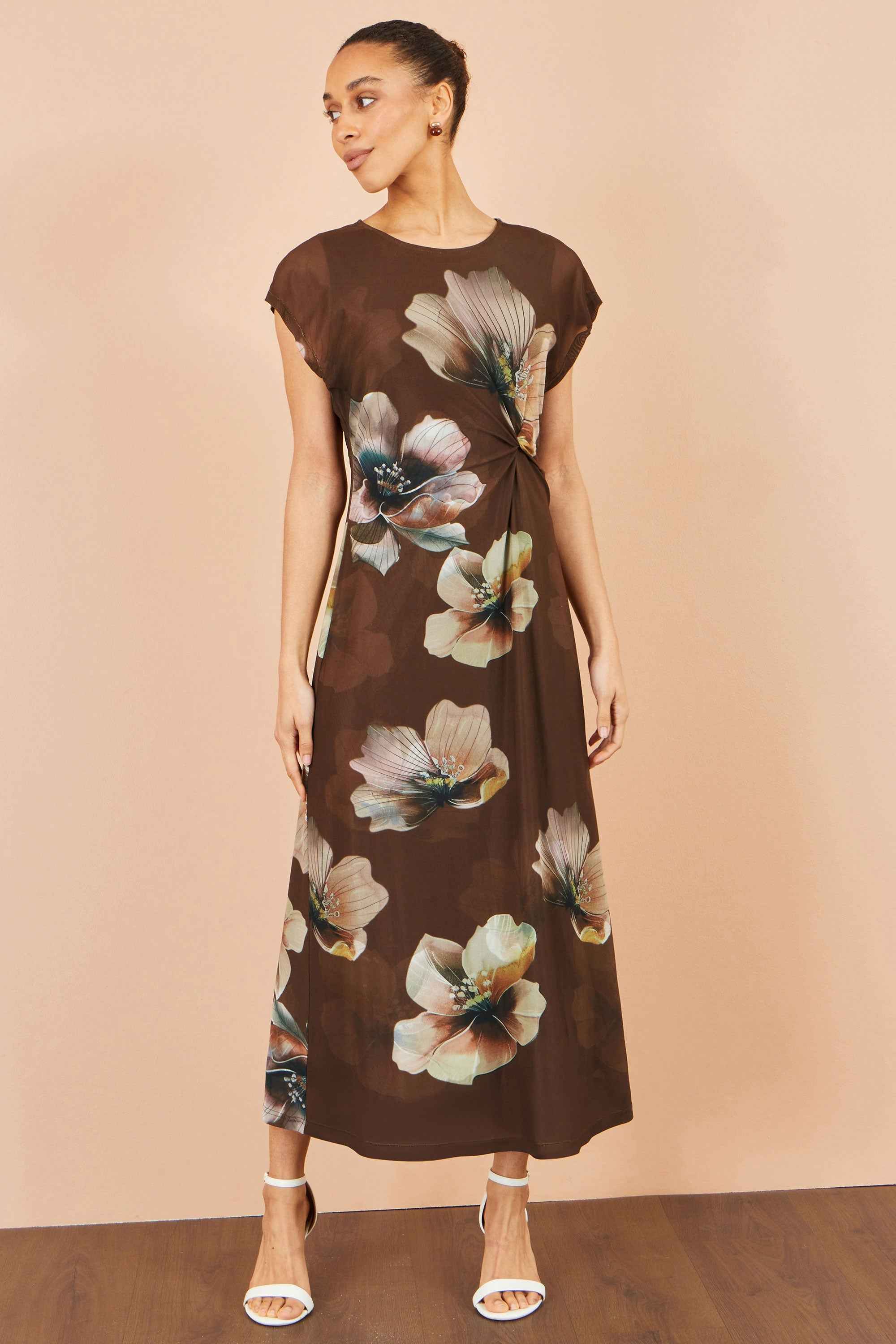Yumi Brown Mesh Floral Midi Dress