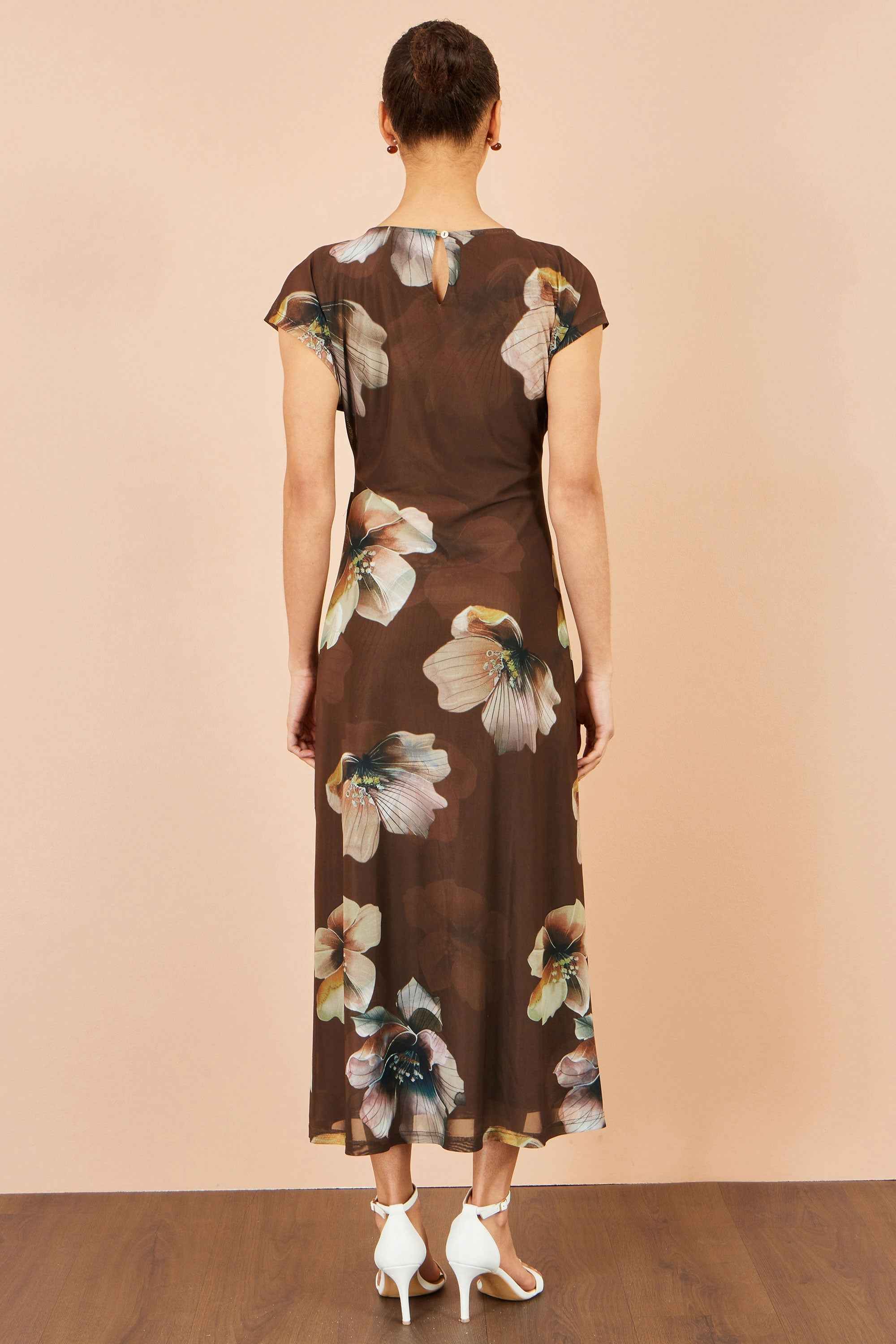 Yumi Brown Mesh Floral Midi Dress