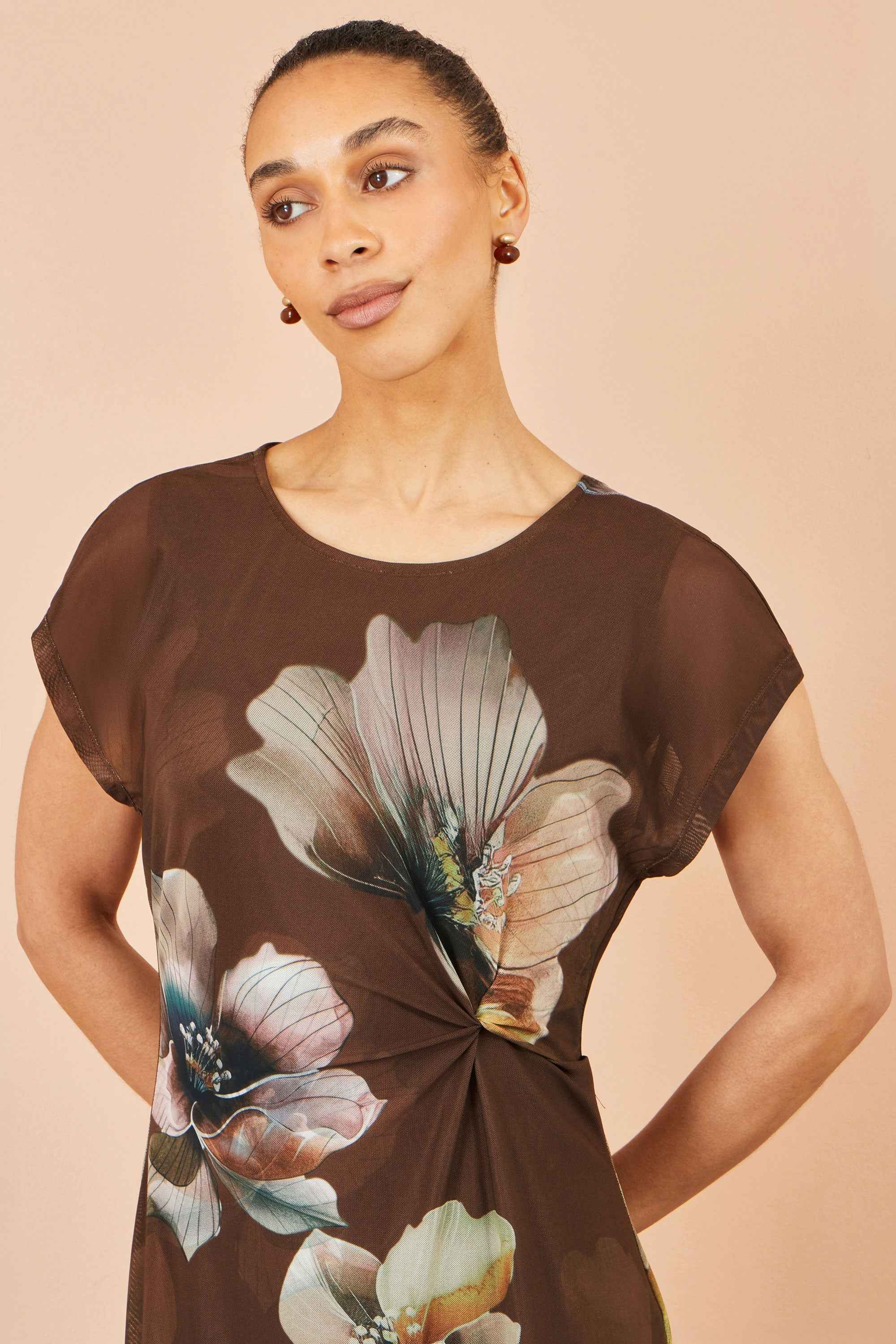 Yumi Brown Mesh Floral Midi Dress