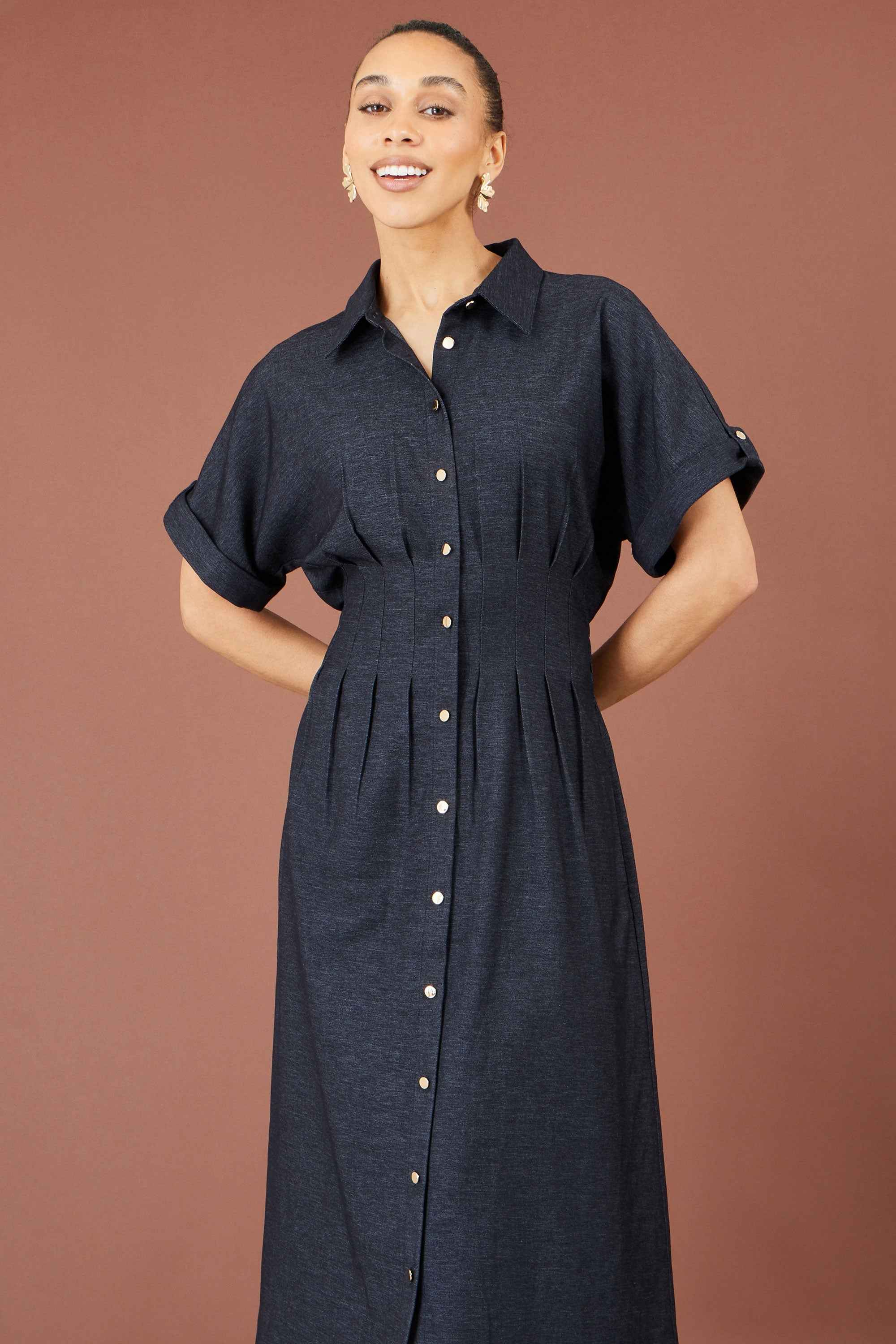 Yumi Navy Stretch Midi Shirt Dress