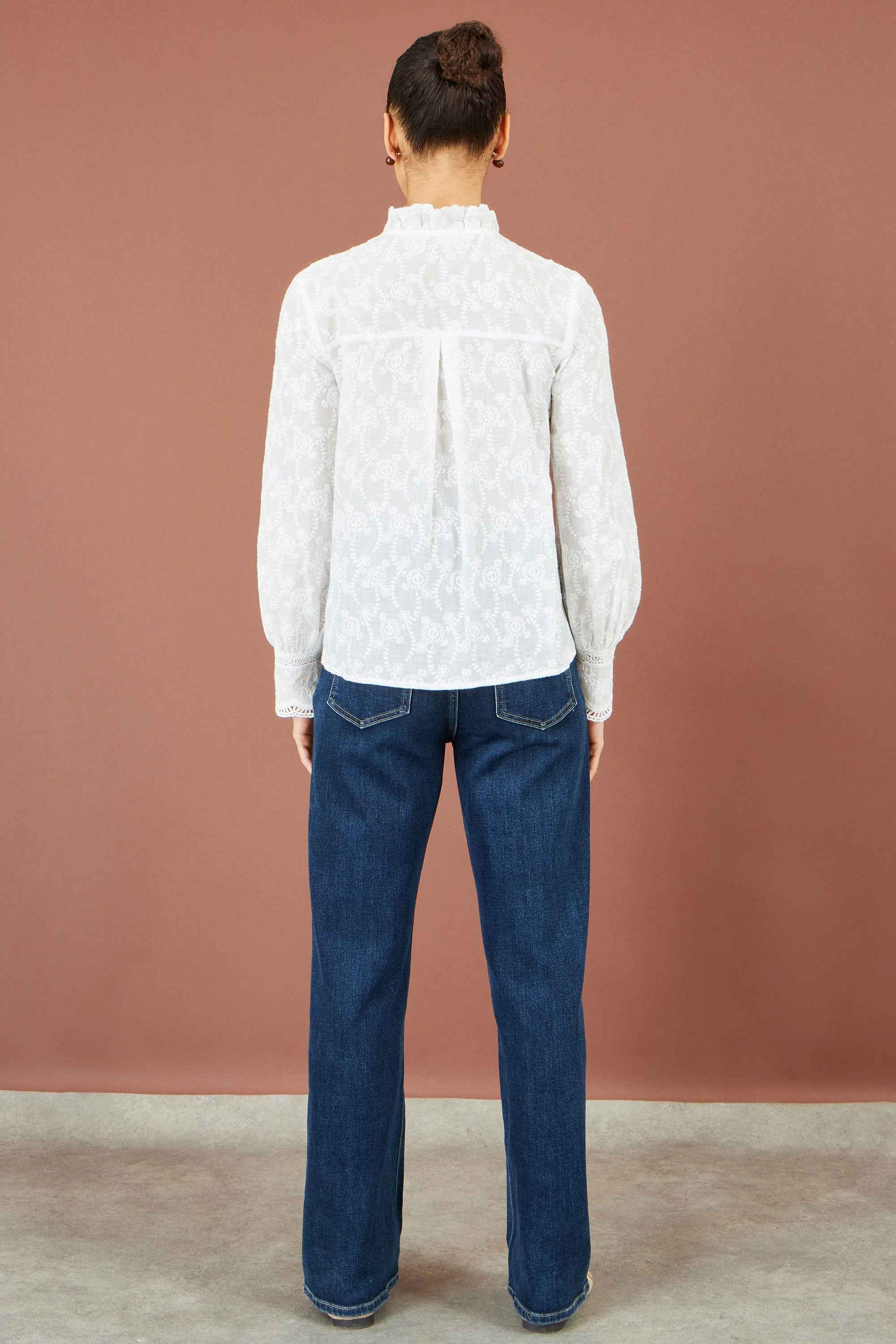 Yumi White Floral Cotton Shirt With Lace Details