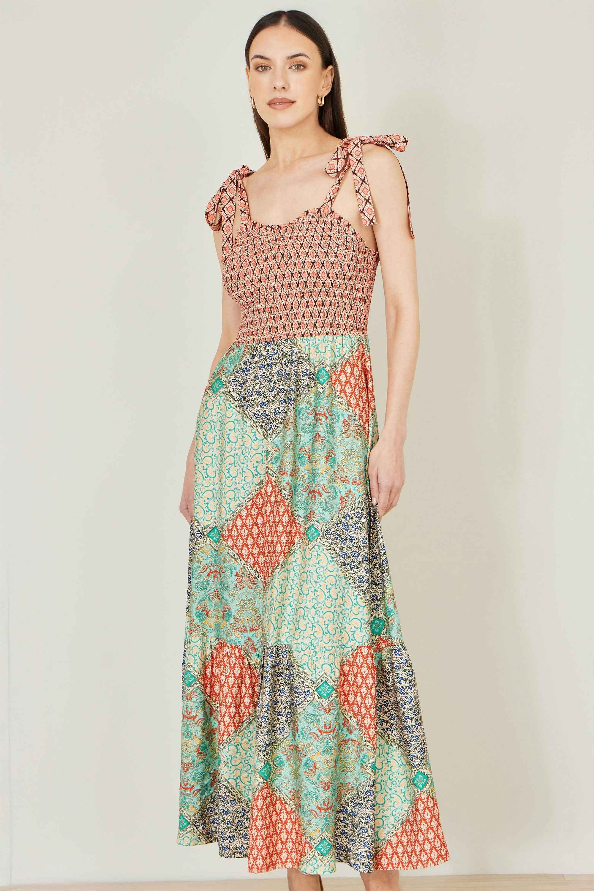Yumi Multicolour Patchwork Ruched Smocked Maxi Sundress