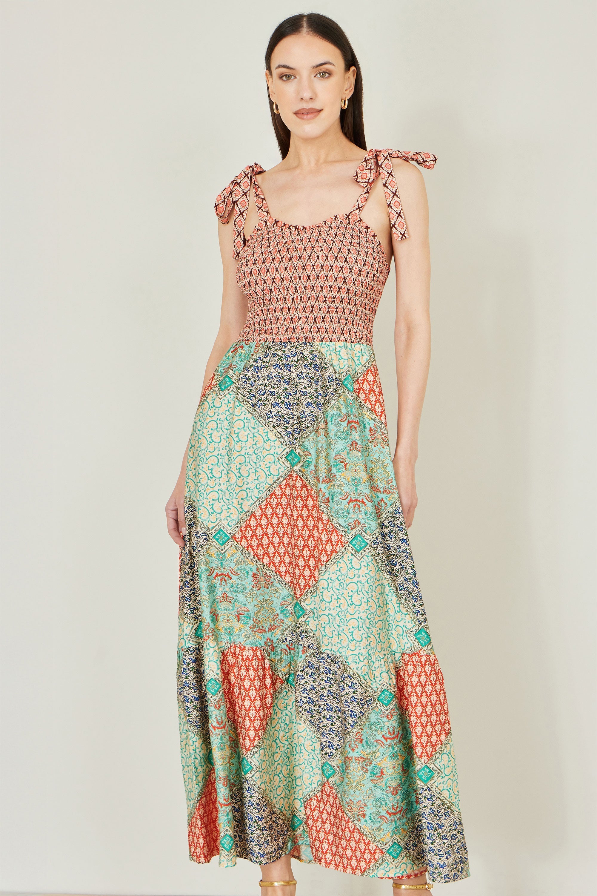 Yumi Multicolour Patchwork Ruched Smocked Maxi Sundress