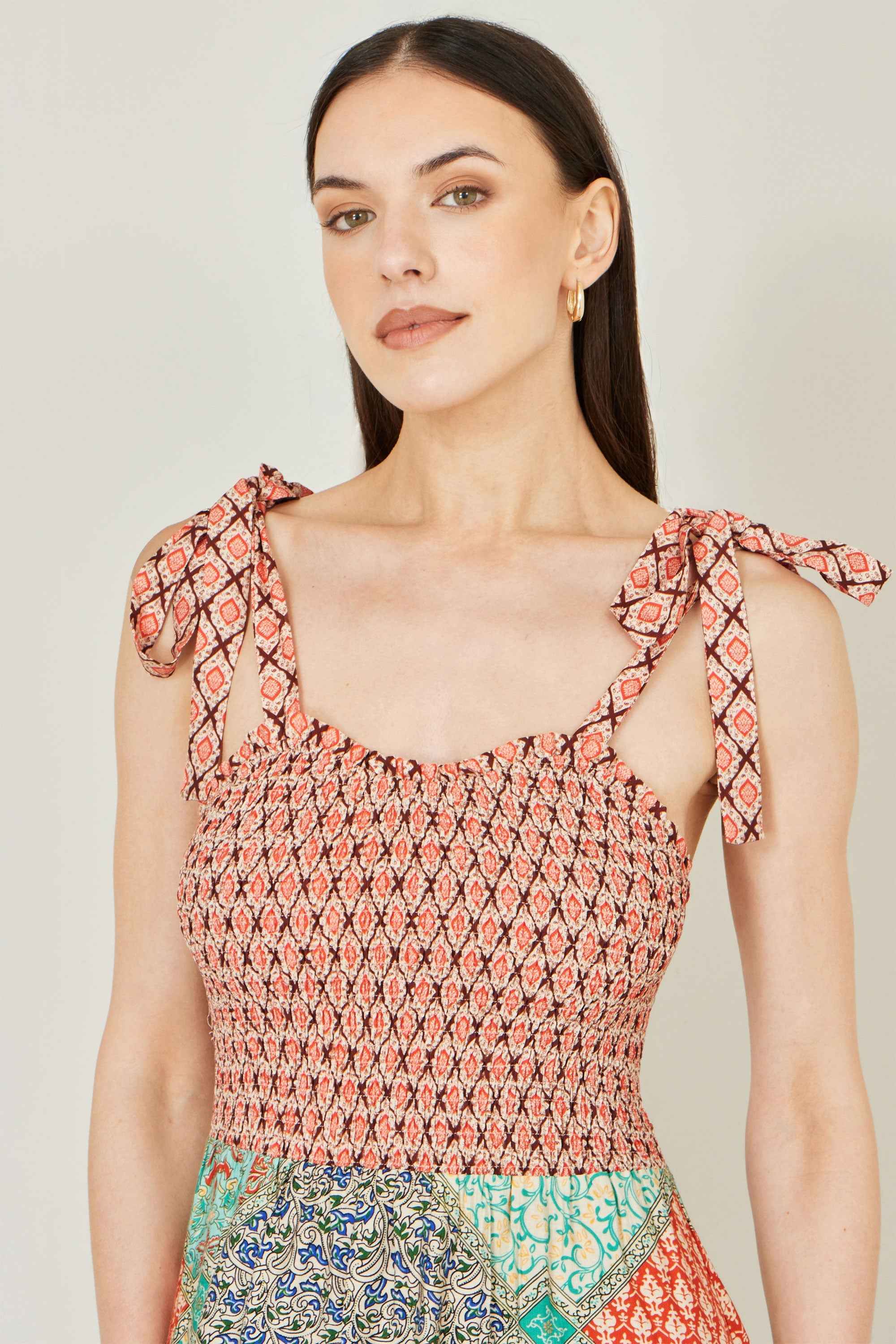 Yumi Multicolour Patchwork Ruched Smocked Maxi Sundress
