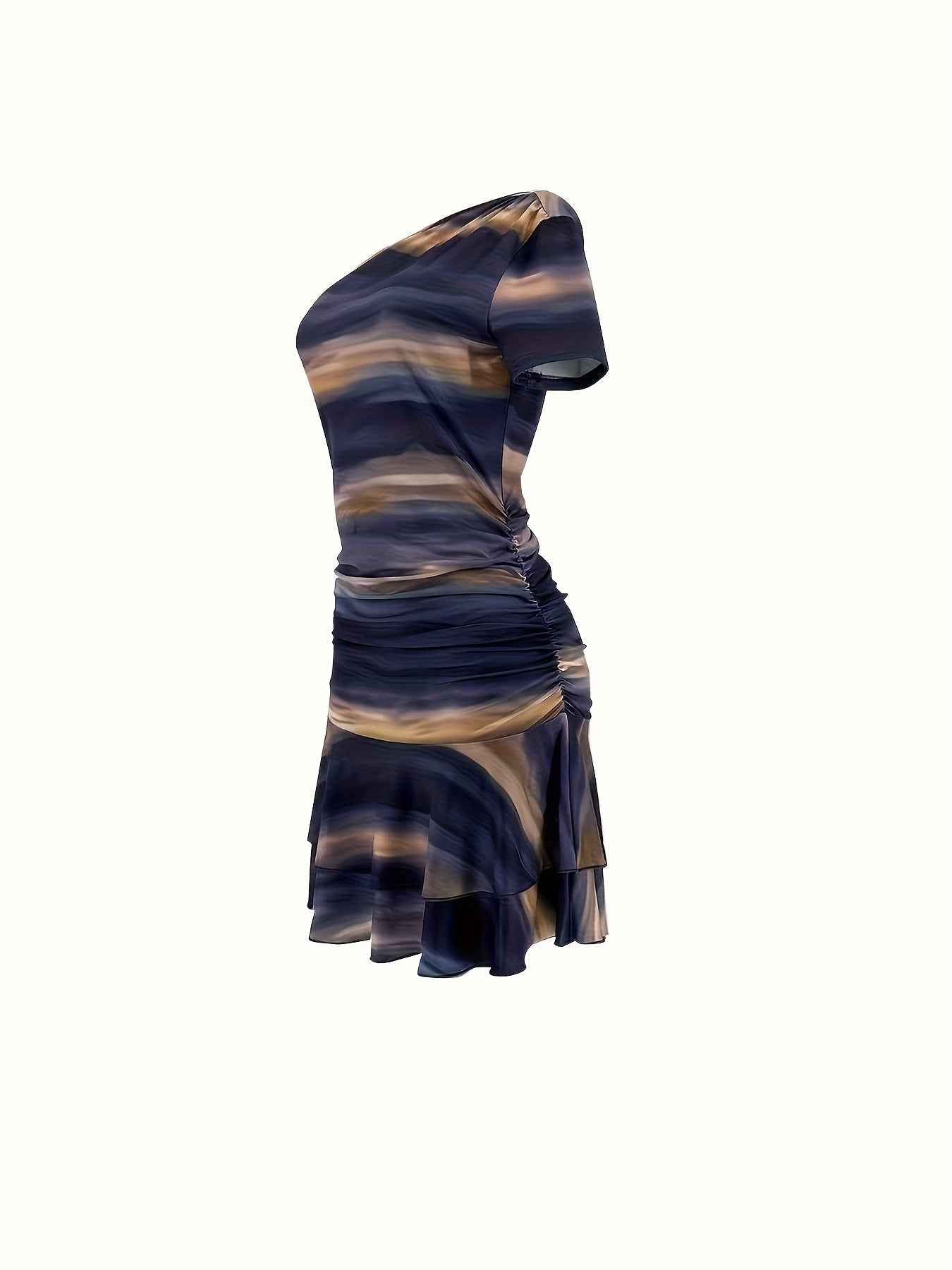 Elegant Asymmetric Single Shoulder Marble Print Dress