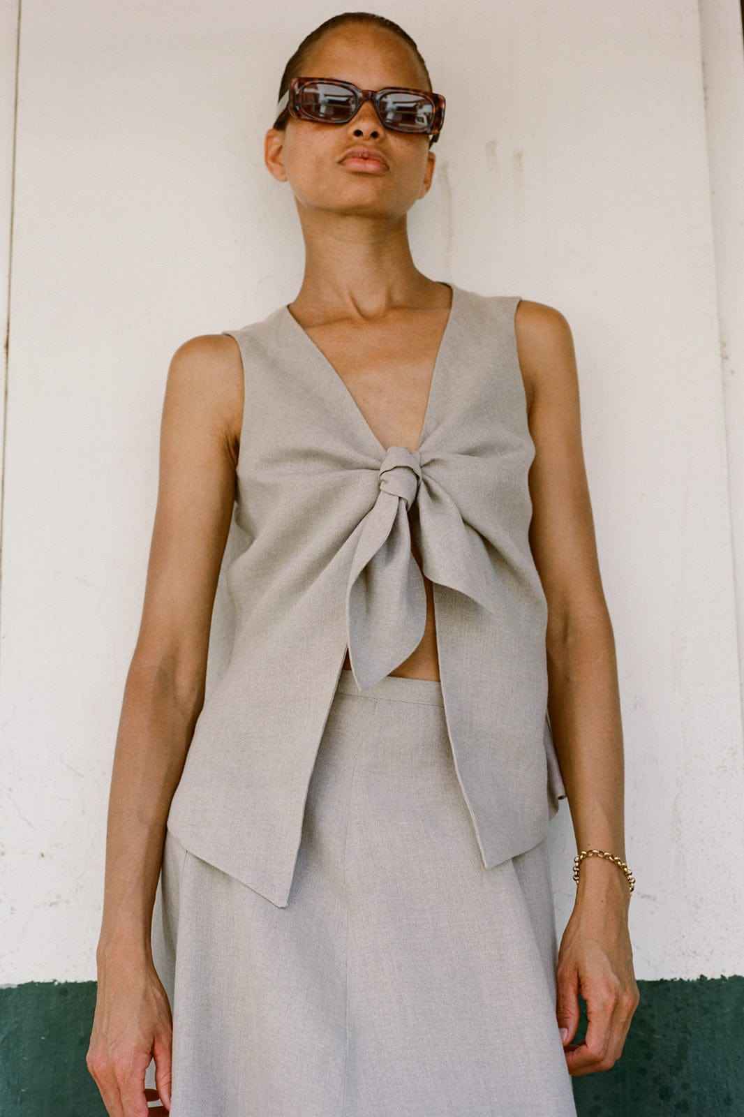 The Lucia Tie Vest in oatmeal