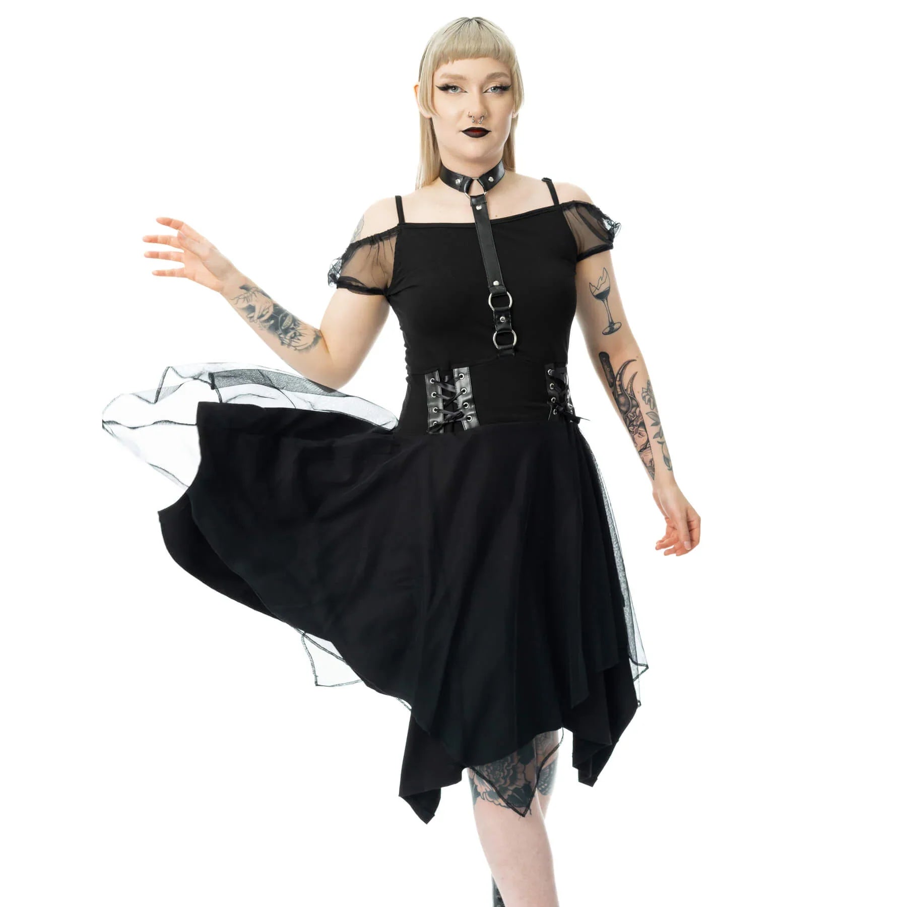 Poizen Industries Banshee Gothic Mini Dress - Cold Shoulder Mesh & Lace-Up