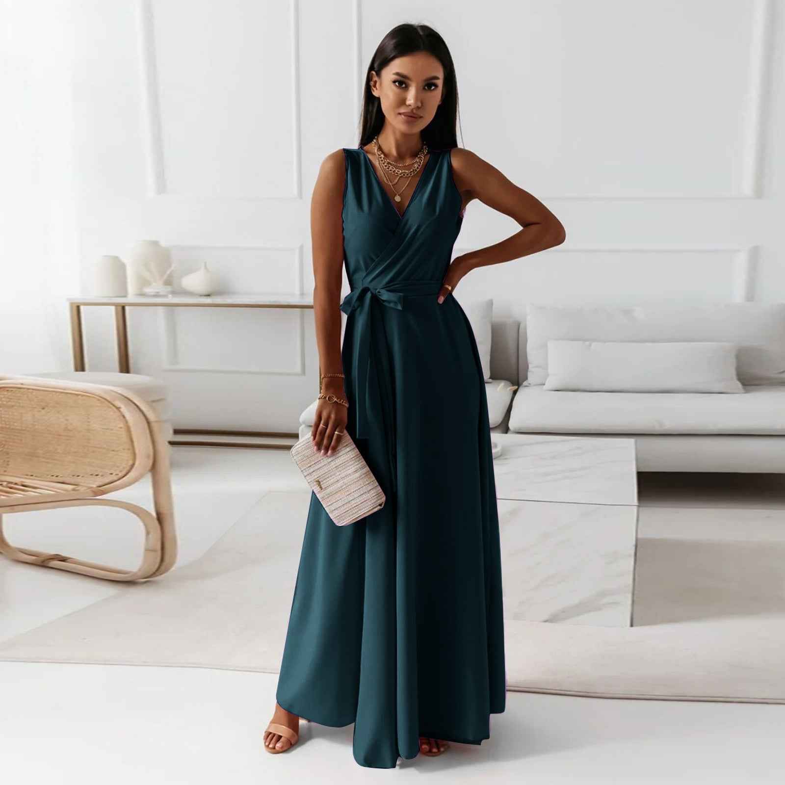 V-neck Sleeveless Dress With Belt Summer Fashion Party Club Evening Maxi Dresses For Women Clothing