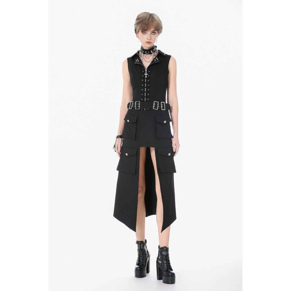Dark in Love Punk Layered Pocket Cutout Belted Long Skirt