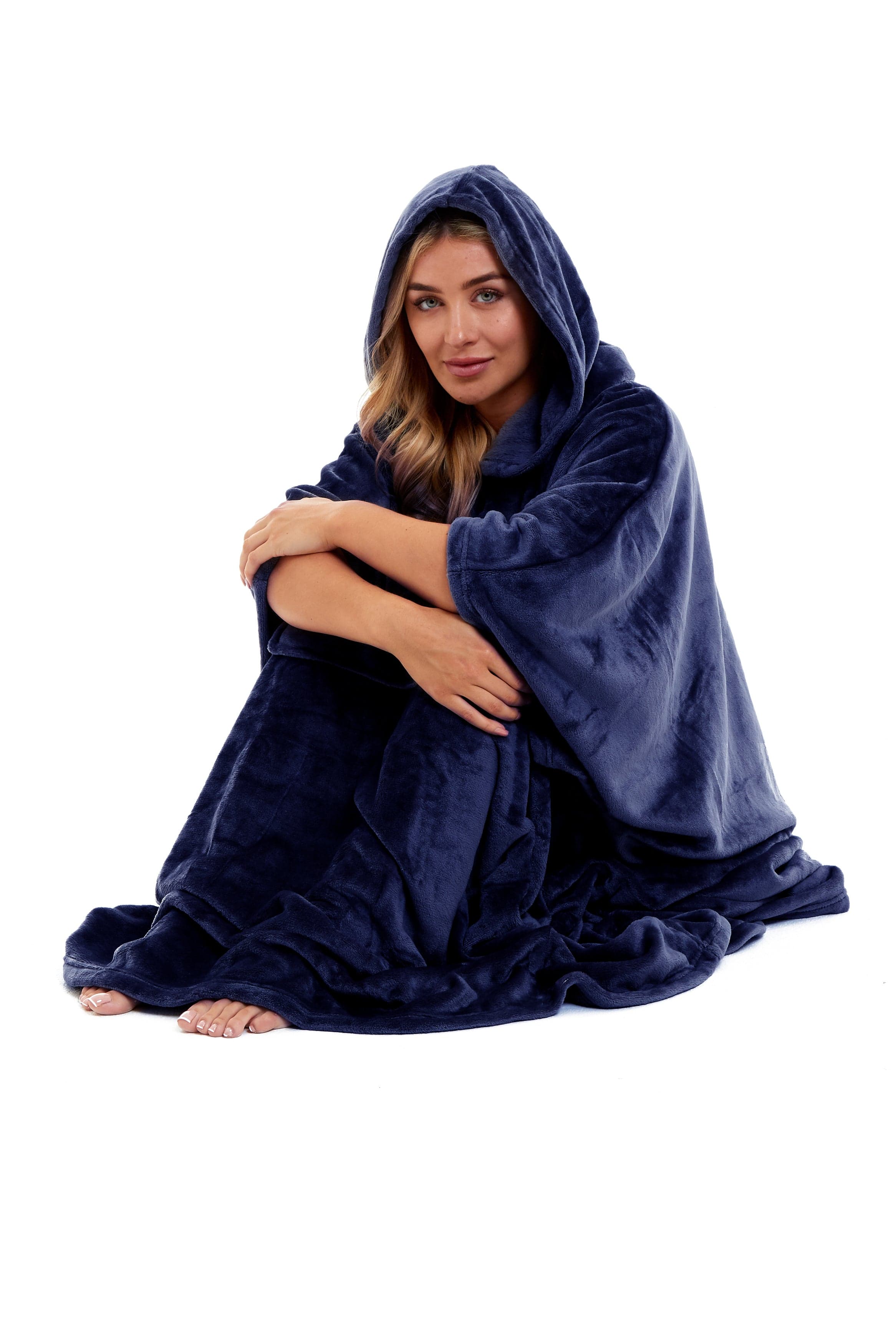 OLIVIA ROCCO Women's Oversized Hooded Poncho Blanket Plush Fleece Navy Charcoal Cosy Sofa and Bedroom Layering