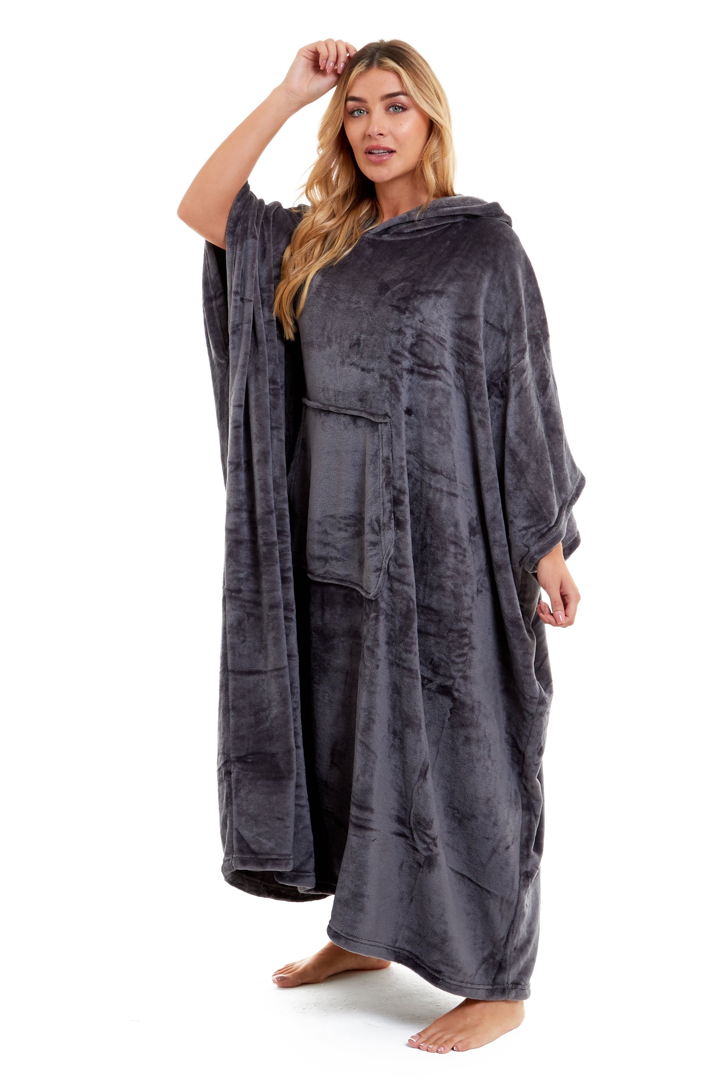 OLIVIA ROCCO Women's Oversized Hooded Poncho Blanket Plush Fleece Navy Charcoal Cosy Sofa and Bedroom Layering
