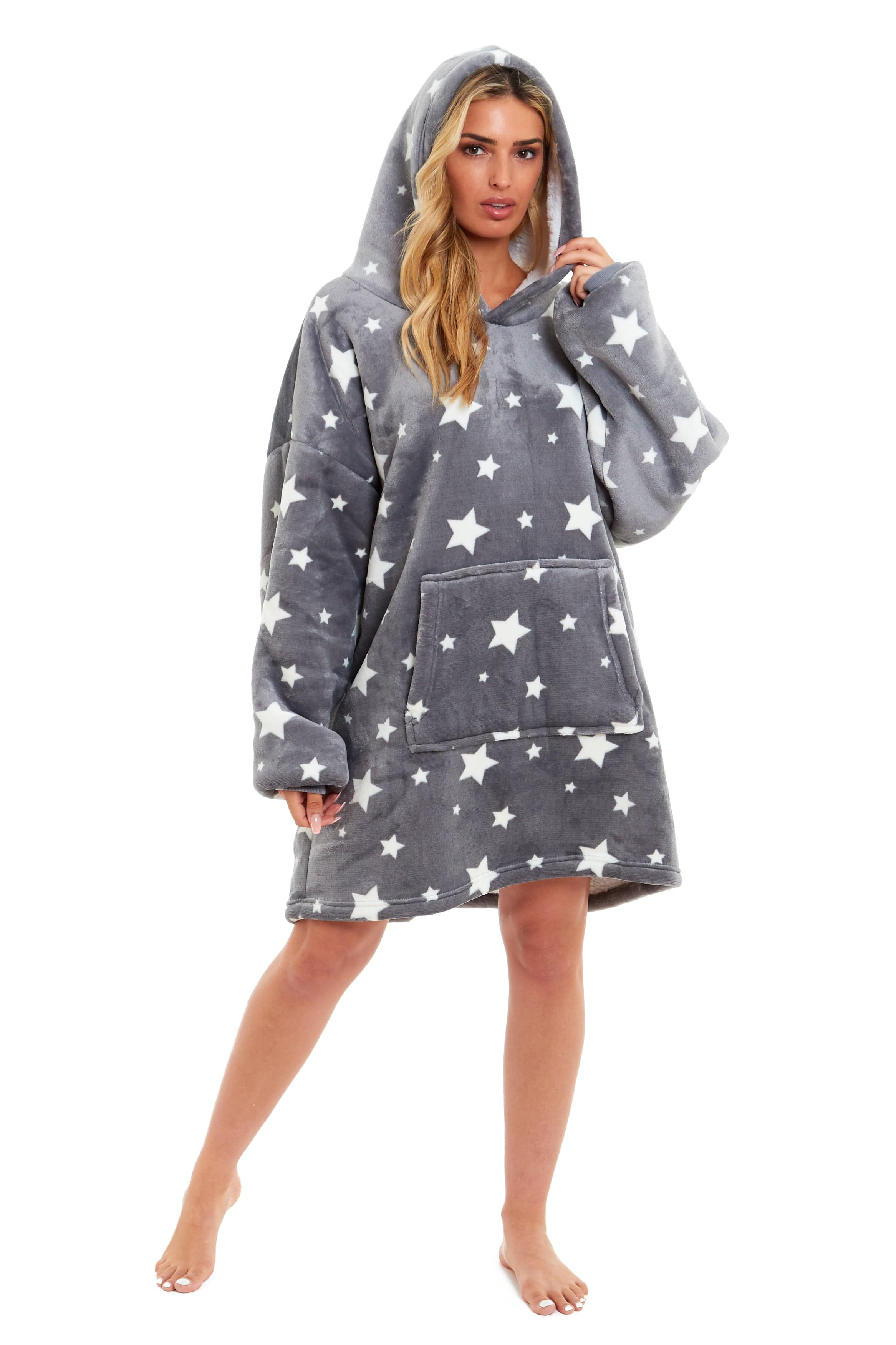OLIVIA ROCCO Oversized Hooded Blanket Reversible Sherpa Fleece Grey Stars Easy Care