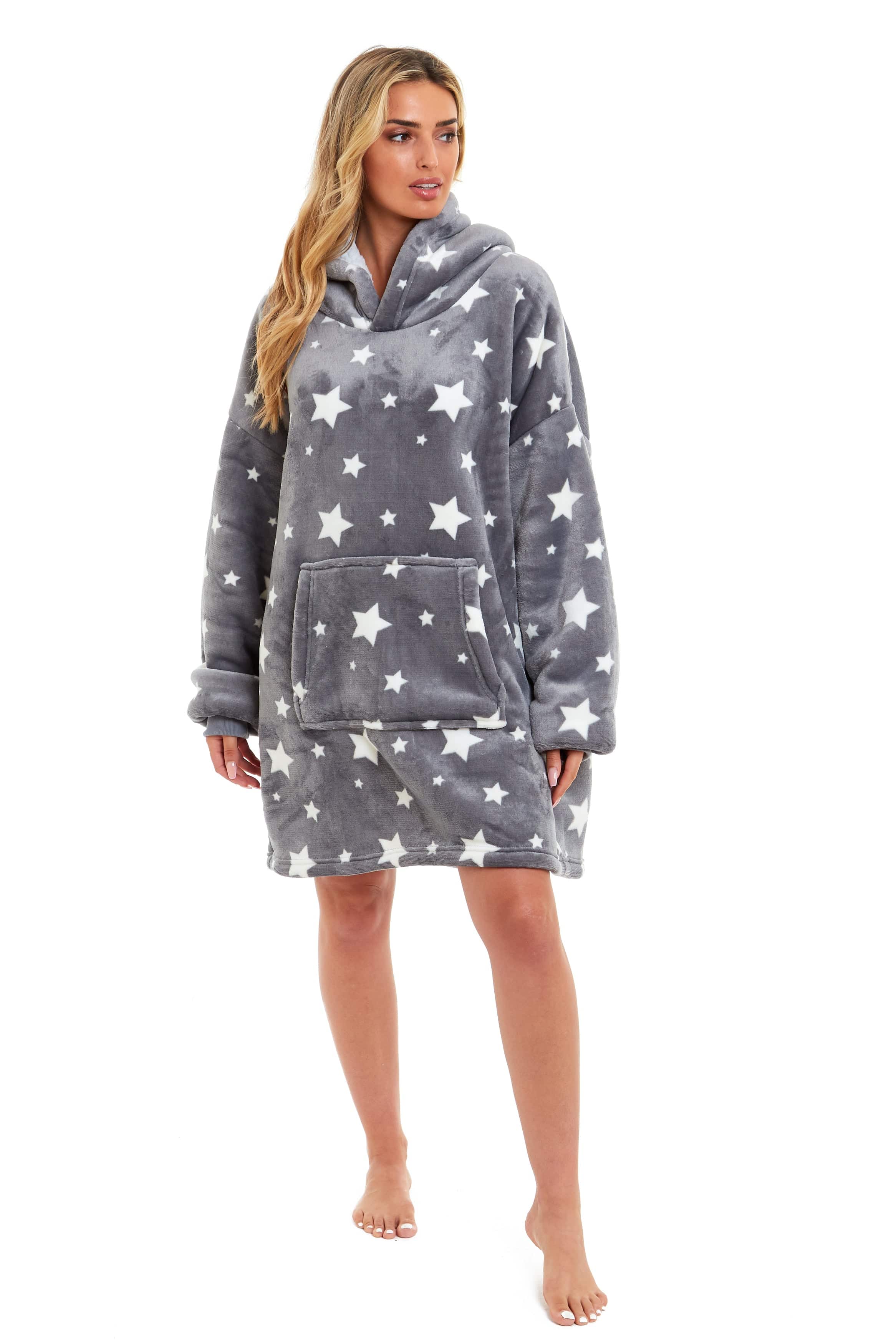 OLIVIA ROCCO Oversized Hooded Blanket Reversible Sherpa Fleece Grey Stars Easy Care