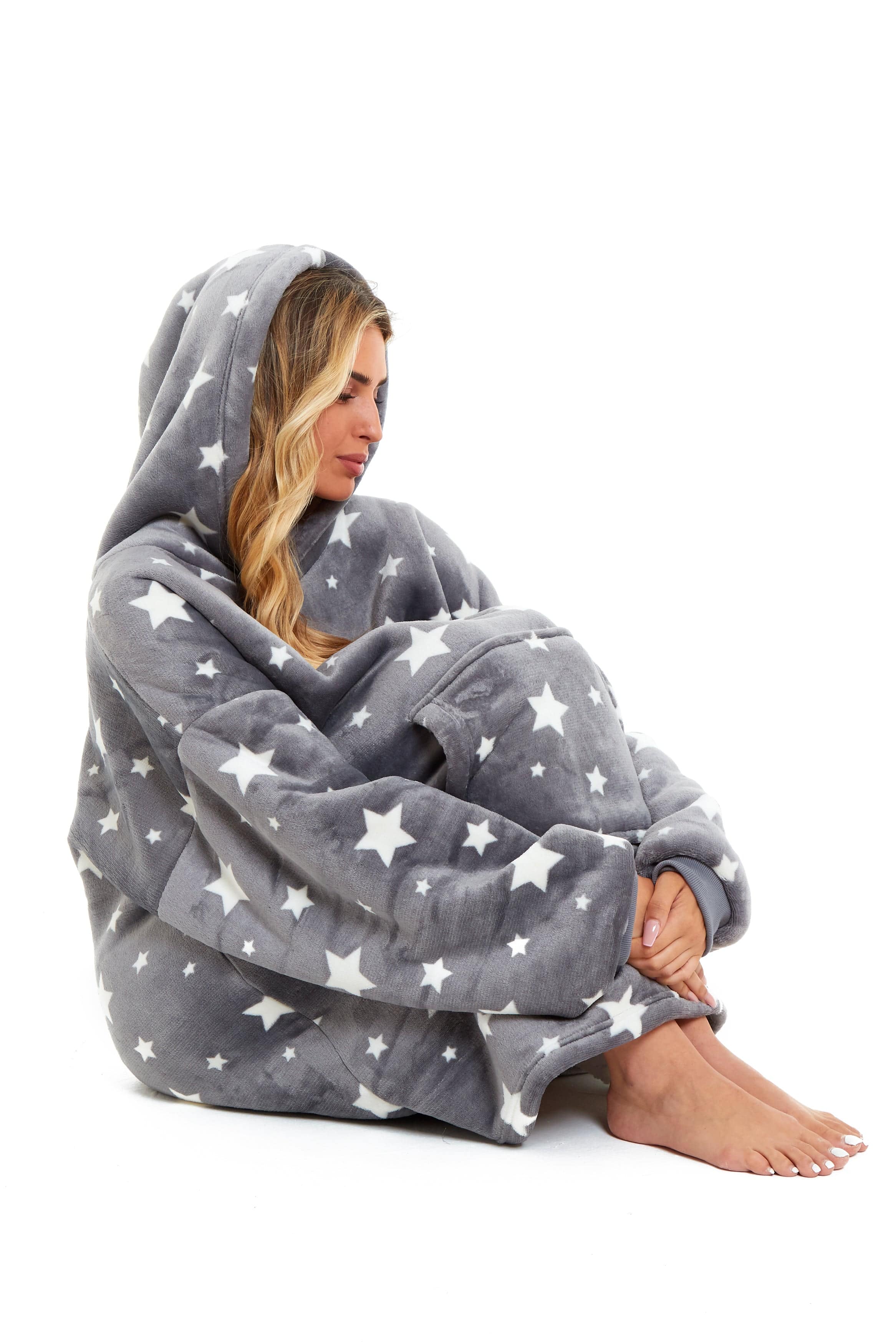 OLIVIA ROCCO Oversized Hooded Blanket Reversible Sherpa Fleece Grey Stars Easy Care