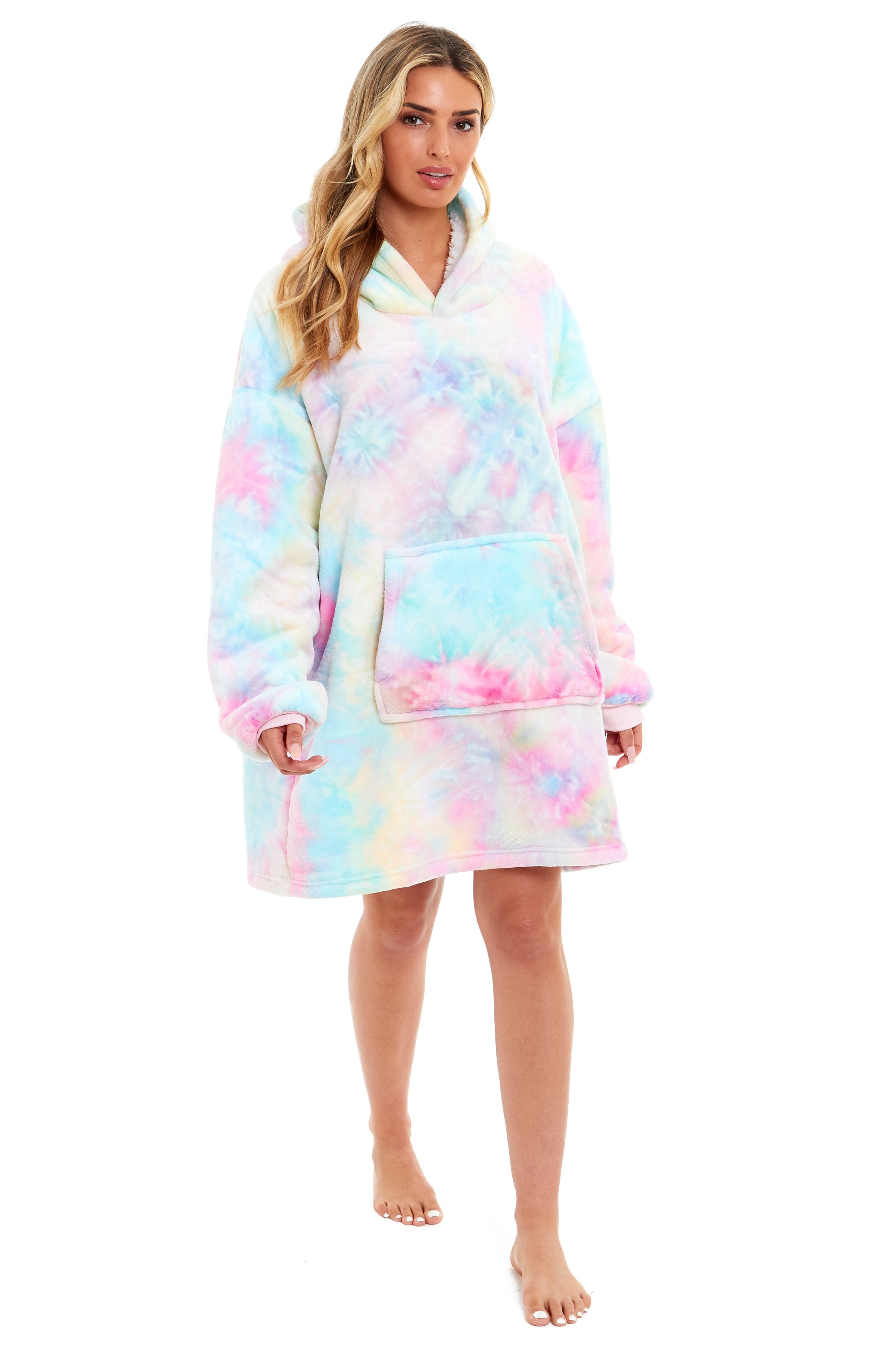 OLIVIA ROCCO Oversized Hooded Tie Dye Rainbow Plush Fleece Blanket With Reversible Sherpa