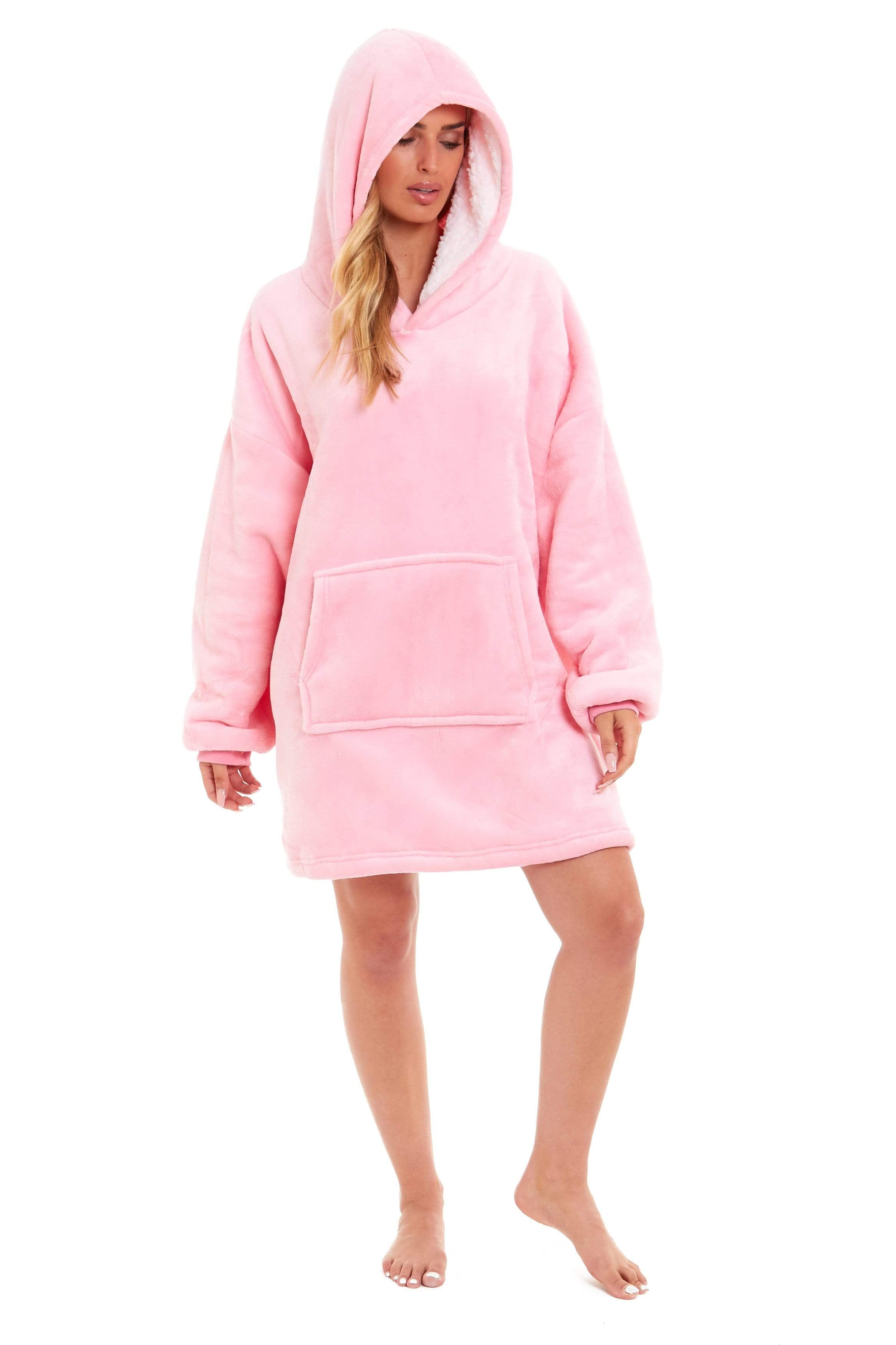 OLIVIA ROCCO Oversized Hooded Blanket Reversible Sherpa Fleece Grey And Pink For Adults
