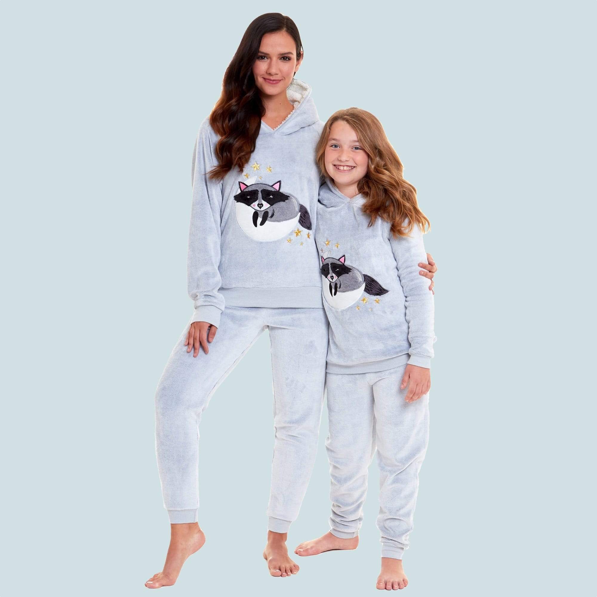 OLIVIA ROCCO Matching Mother Daughter Raccoon Fleece Hooded Pyjama Set With Sherpa Lining
